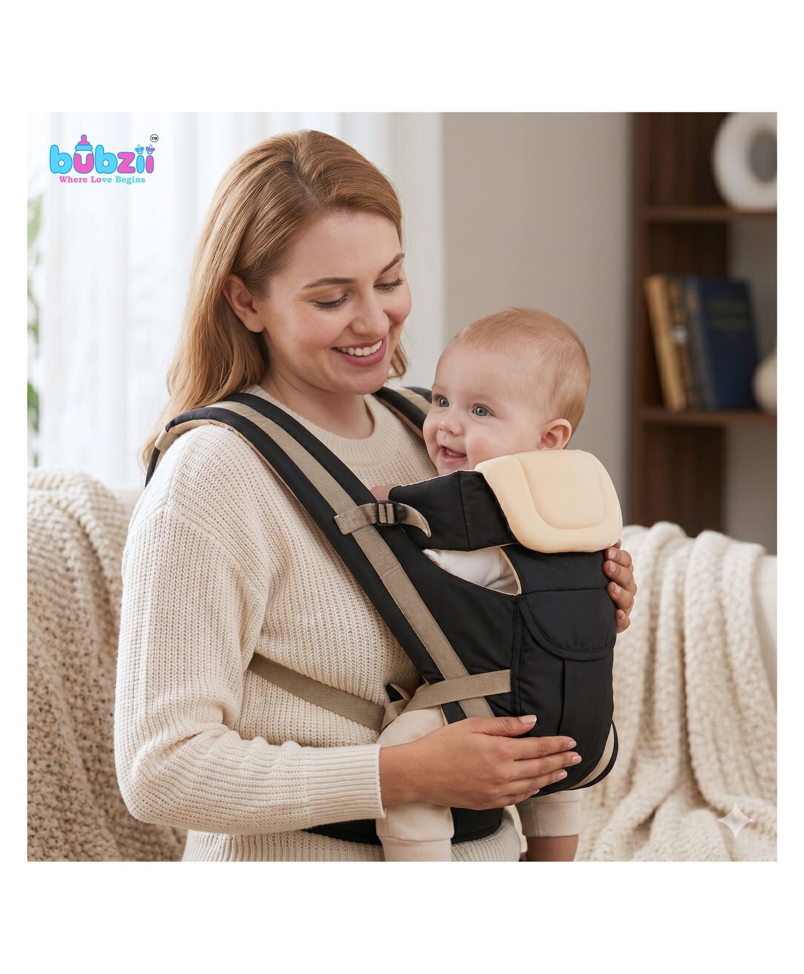 Bubzii Ergonomic Baby Carrier with Hip Seat: Breathable fabric, Detachable hood, Padded straps, Pocket storage Hip Seat Baby Carrier with 4 Positions for 6-24 Months - Black-image-2