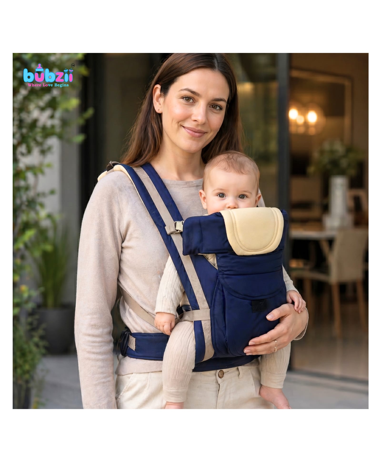 Bubzii Ergonomic Baby Carrier with Hip Seat: Breathable fabric, Detachable hood, Padded straps, Pocket storage Hip Seat Baby Carrier Adjustable New born to Toddler Hip Seat Baby Carrier - Blue-picture-19