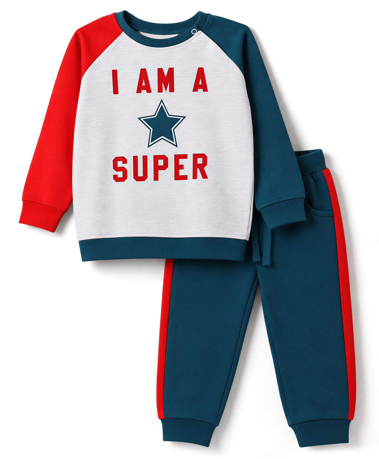 Doodle Poodle 100% Cotton Looper Terry Knit Full Sleeves Winter Wear Suit With Text Print - Teal Blue-picture-21