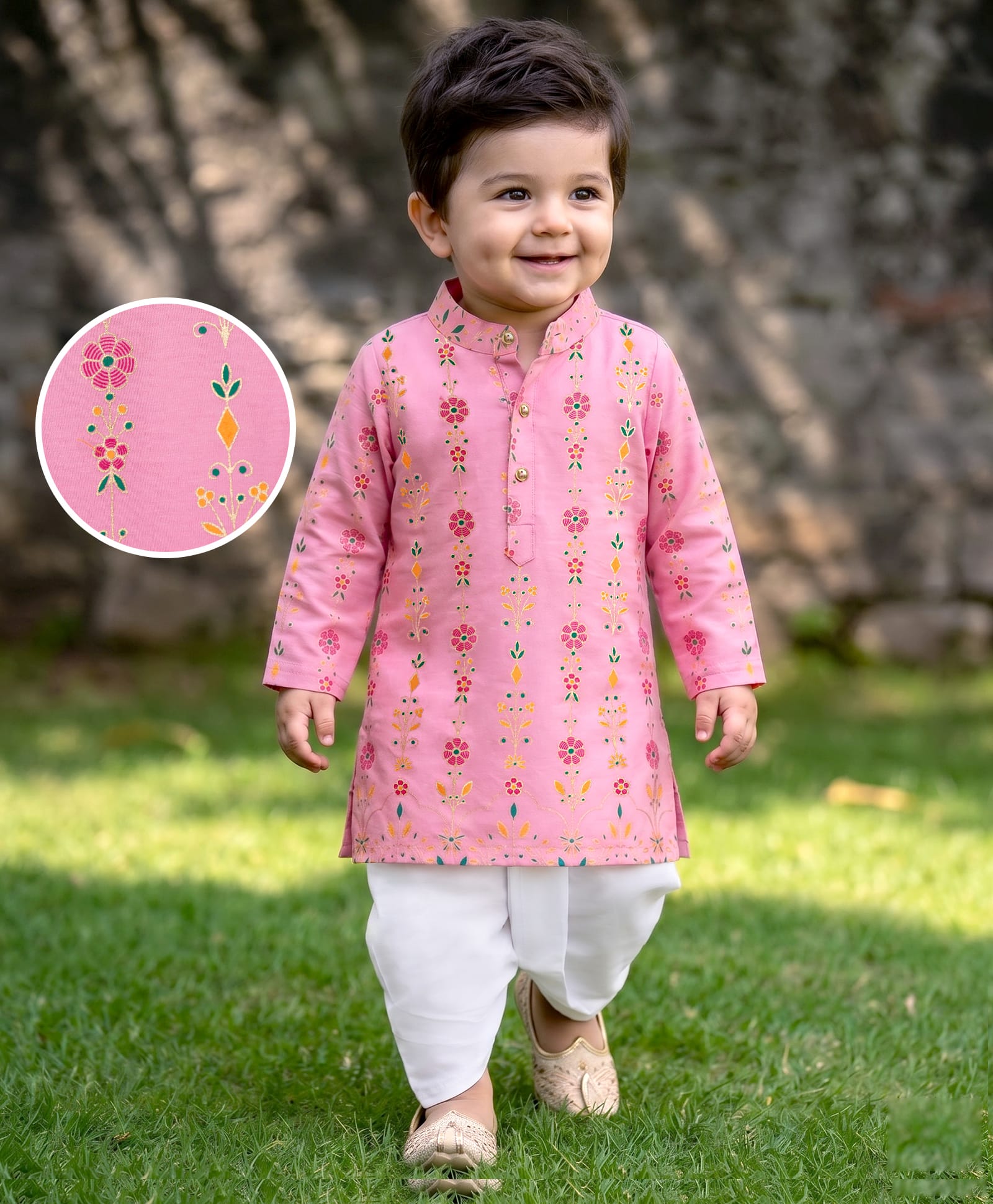 EARTHY TOUCH Cotton Jersey Knit Full Sleeves Foil Floral Printed Kurta Dhoti Set - Pink-picture-10