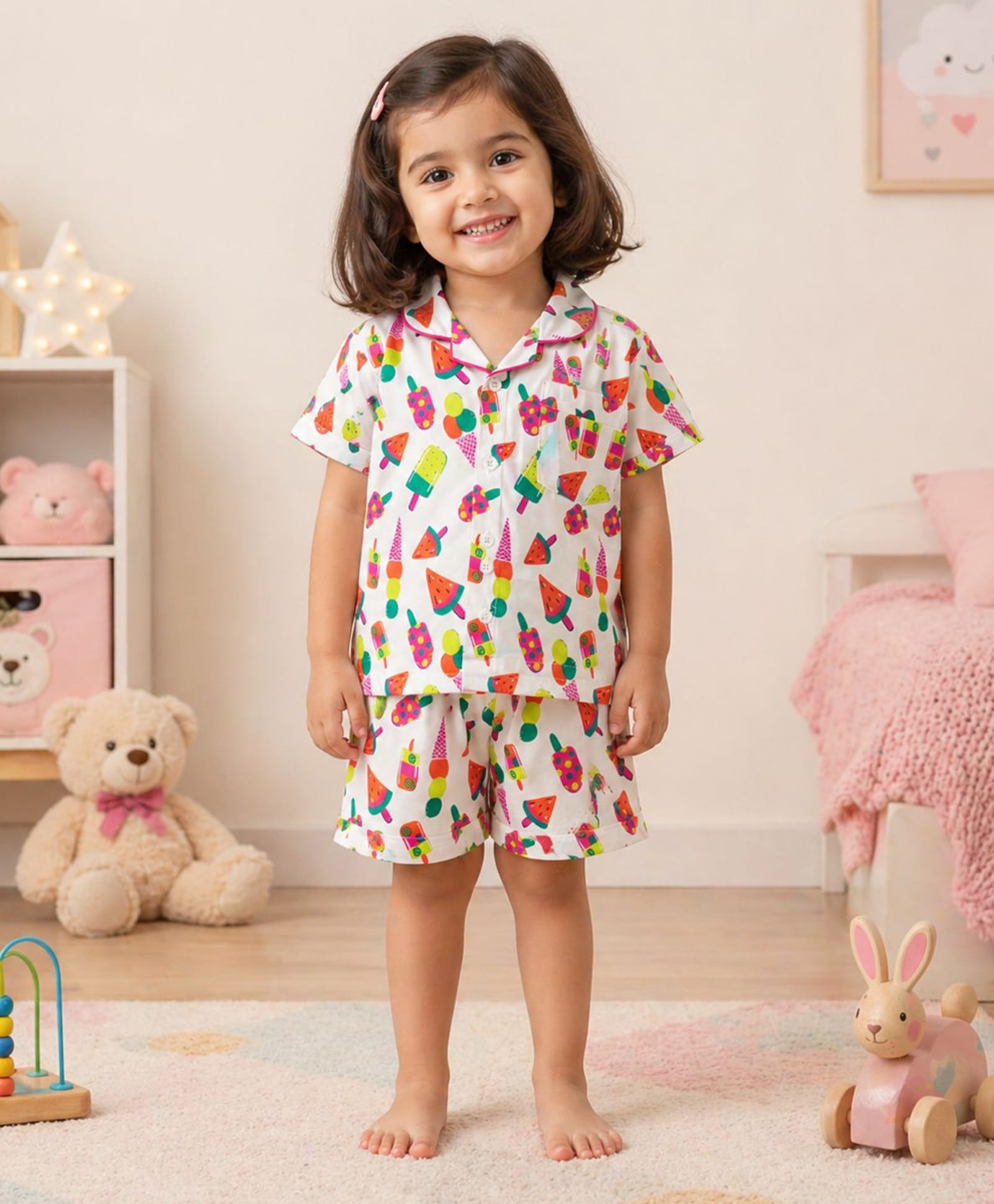 The Magic Wand Cotton Woven Half Sleeves Ice Cream Printed Coordinating Shirt & Shorts Night Suit - White-picture-4