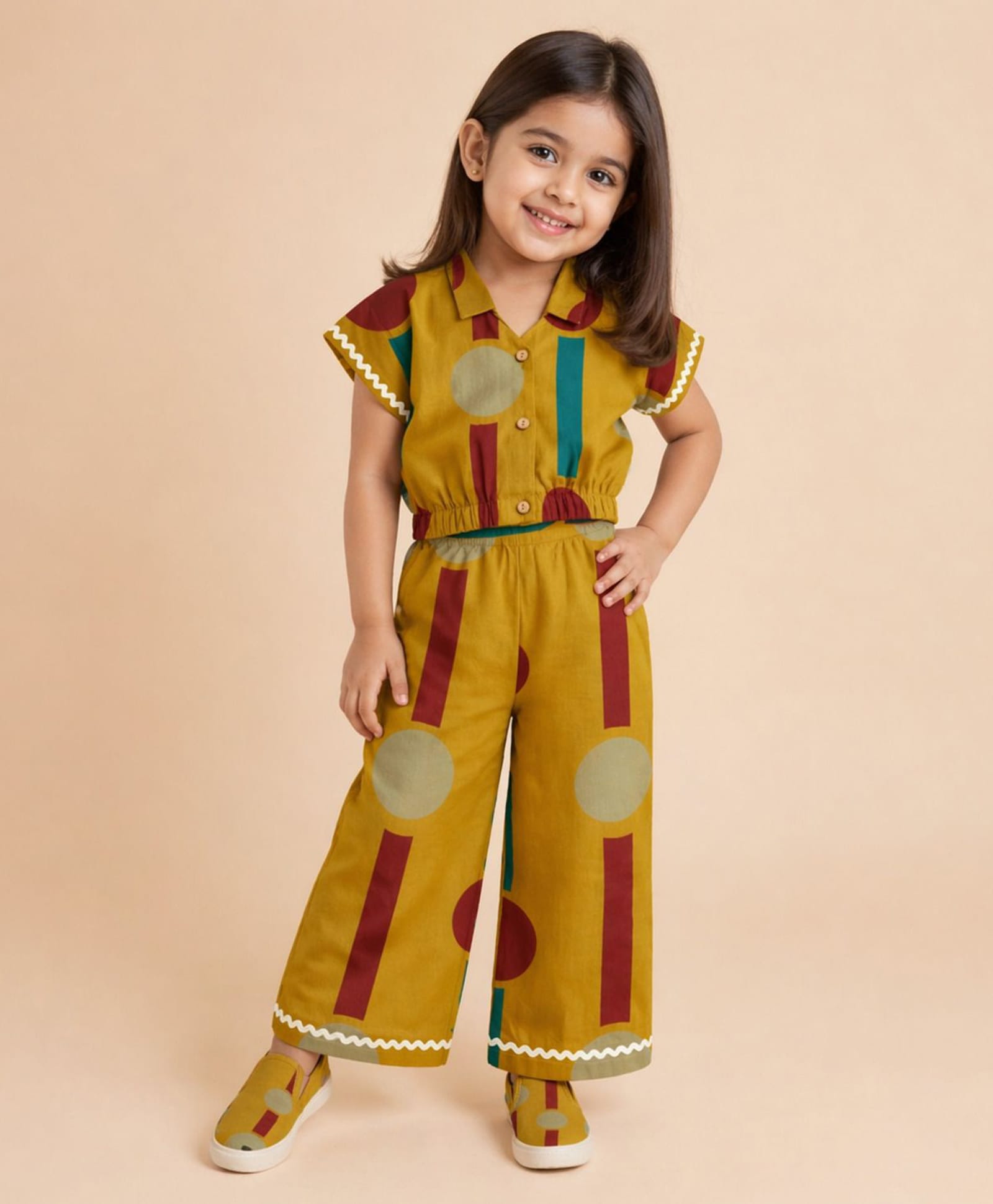 The Magic Wand Cambric Woven Half Sleeves Geometric Printed Ric Rac Embellished Crop Shirt & Pant Set - Mustard-image-24