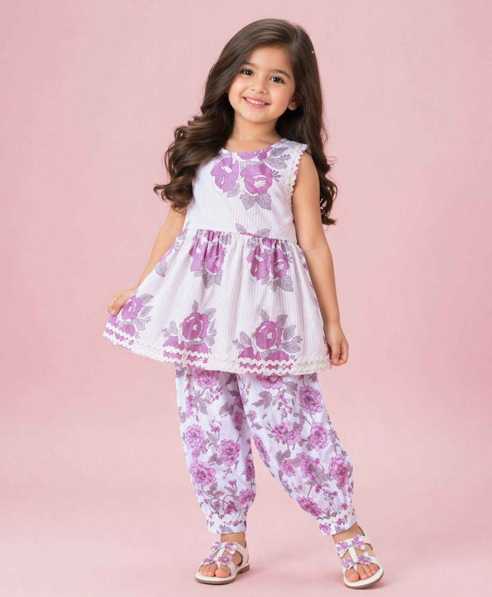 The Magic Wand Cambric Woven Sleeveless Lace Embellished & Floral Printed Kurti & Salwar Set - Purple-picture-30
