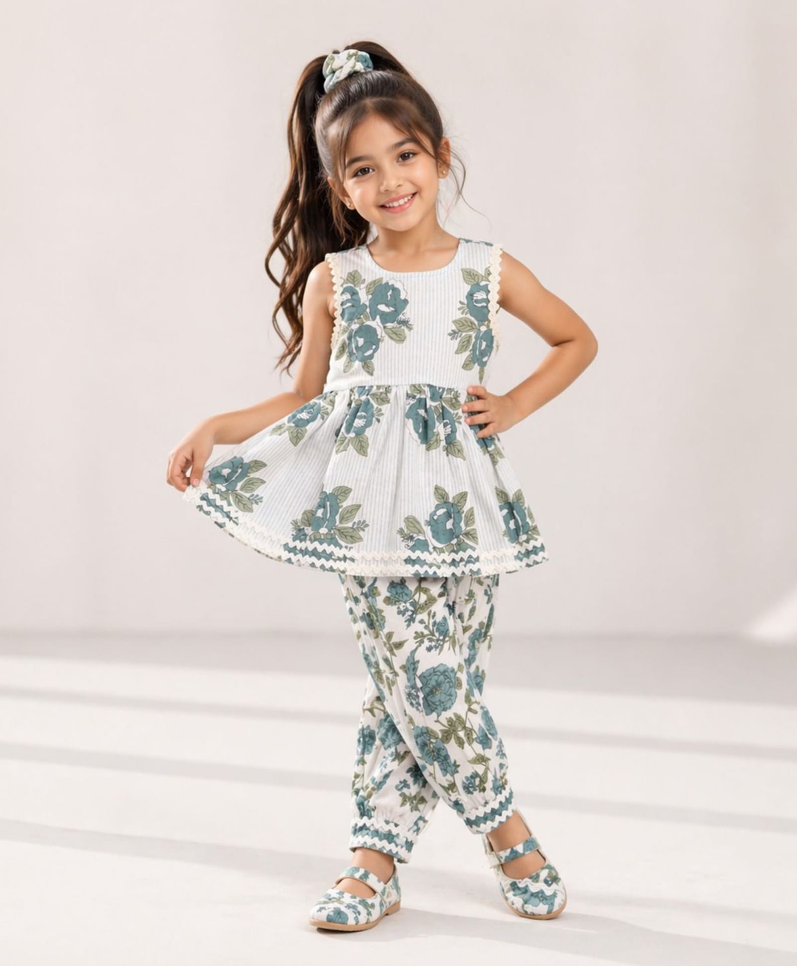 The Magic Wand Cambric Woven Sleeveless Lace Embellished & Floral Printed Kurti & Salwar Set - Grey-picture-6