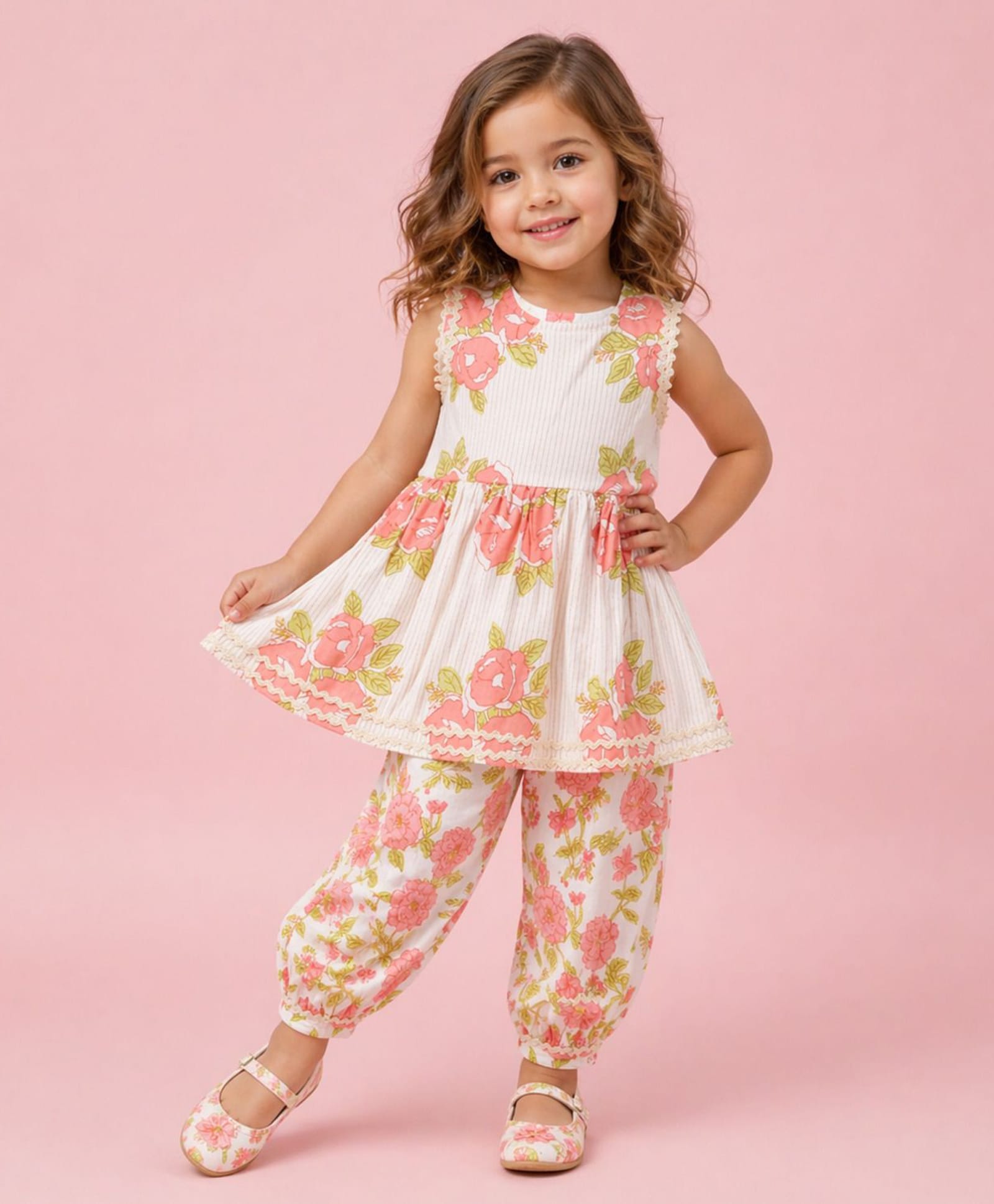 The Magic Wand Cambric Woven Sleeveless Lace Embellished & Floral Printed Kurti & Salwar Set - Peach-picture-5