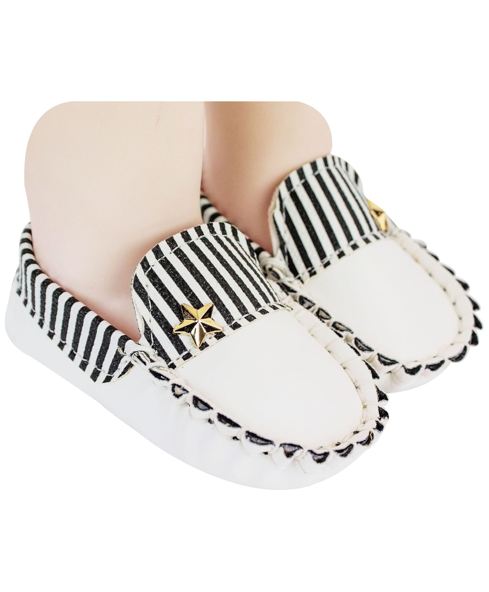Neska Moda Striped & Star Applique Detailed Booties - White & Black-image-12