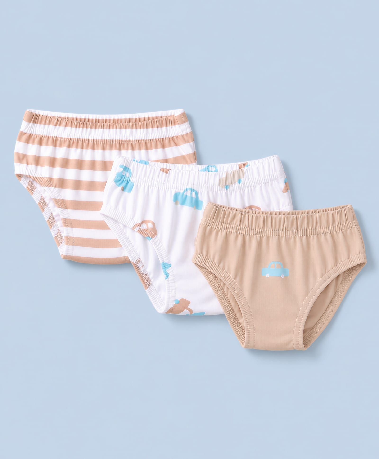 Babyhug 100% Cotton Single Jersey Knit Antibacterial Striped Briefs With Car Print Pack of 3 - Light Brown & White-image-26