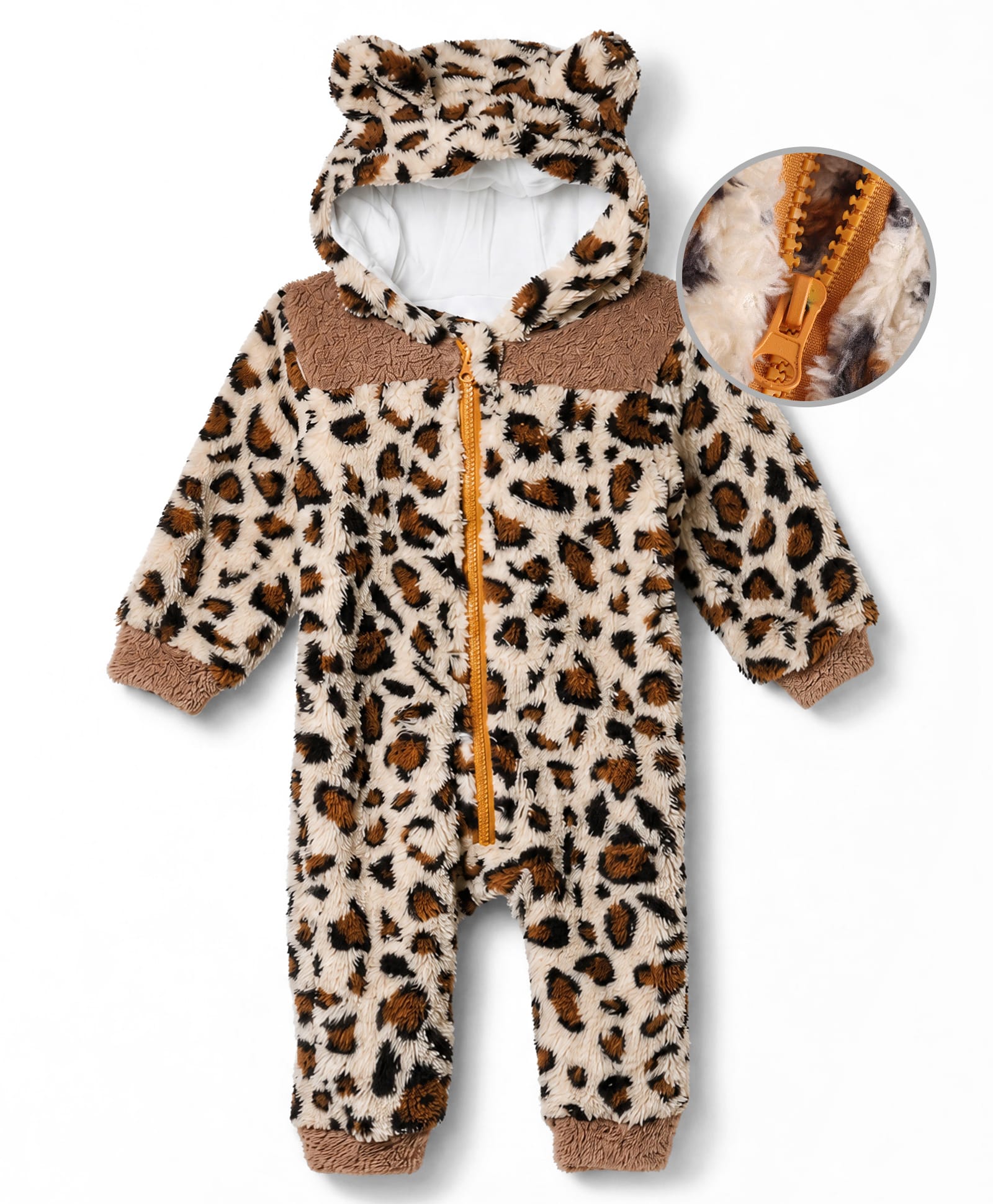 Mark & Mia Full Sleeves Hooded Winter Romper With Cheetah Design - Brown-image-26