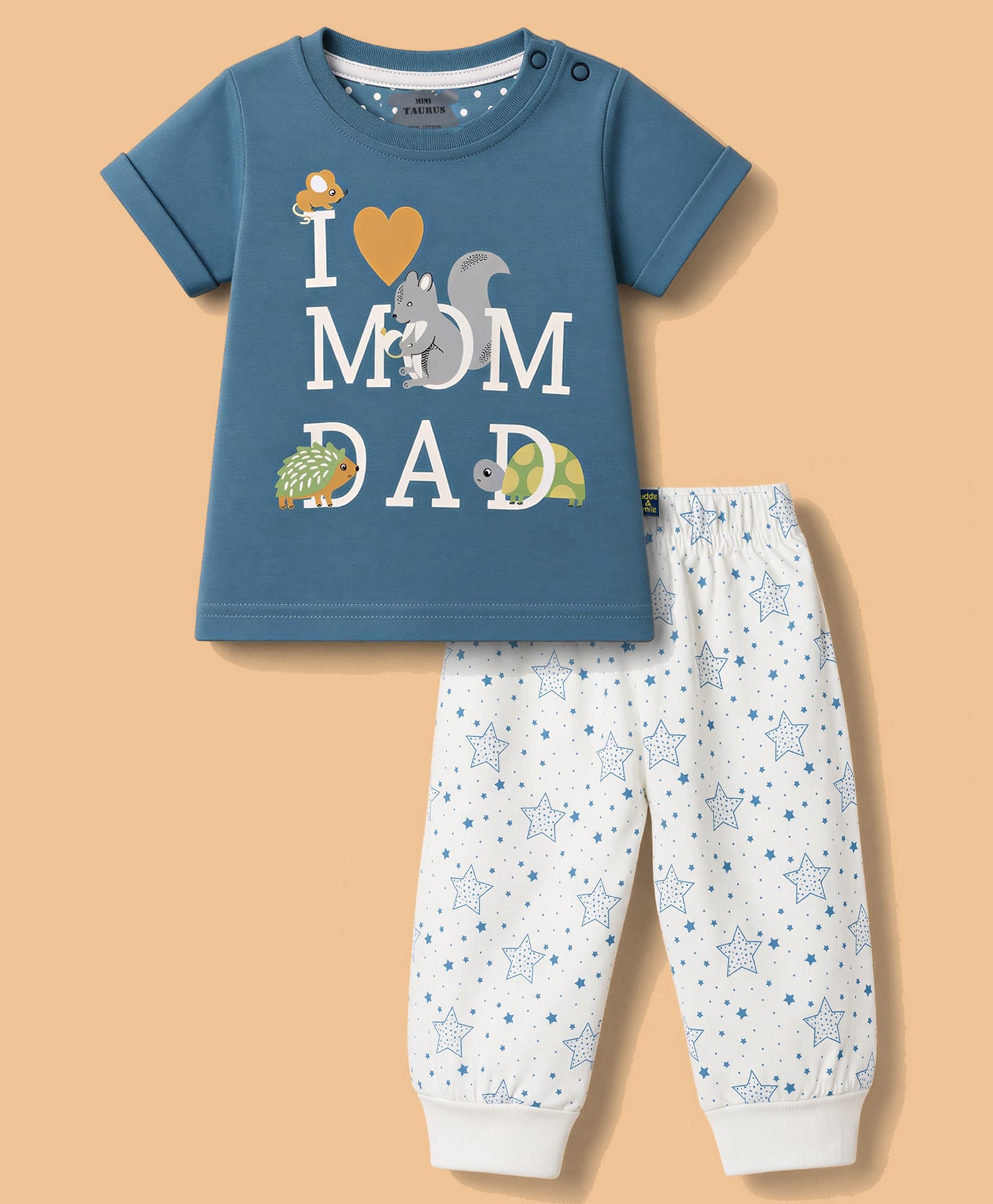 Mini Taurus Knit Half Sleeves T-Shirt & Pyjama Night Suit With Star & Text Print - Blue-image-21