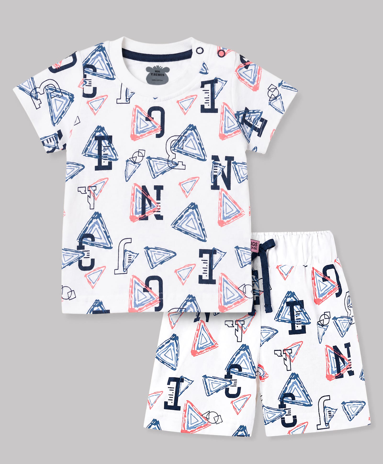 Mini Taurus Knit Half Sleeves Co-Ords Alphabet Printed T-Shirt & Shorts Night Suit - Navy Blue-image-2