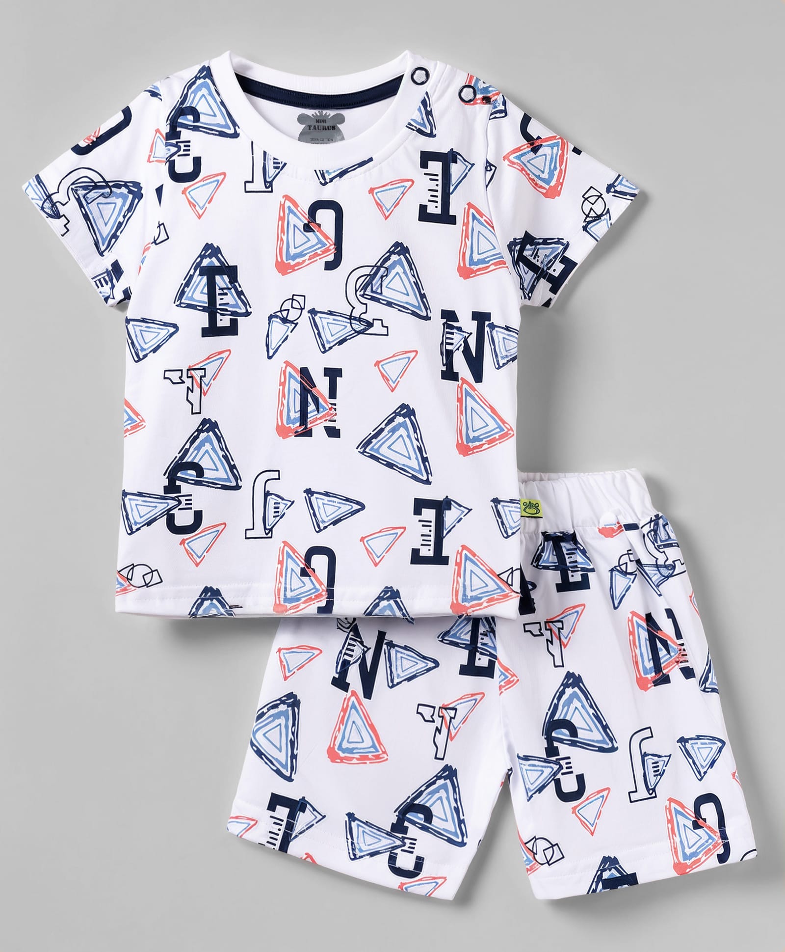 Mini Taurus Knit Half Sleeves Co-Ords Alphabet Printed T-Shirt & Shorts Night Suit - White & Navy-image-22