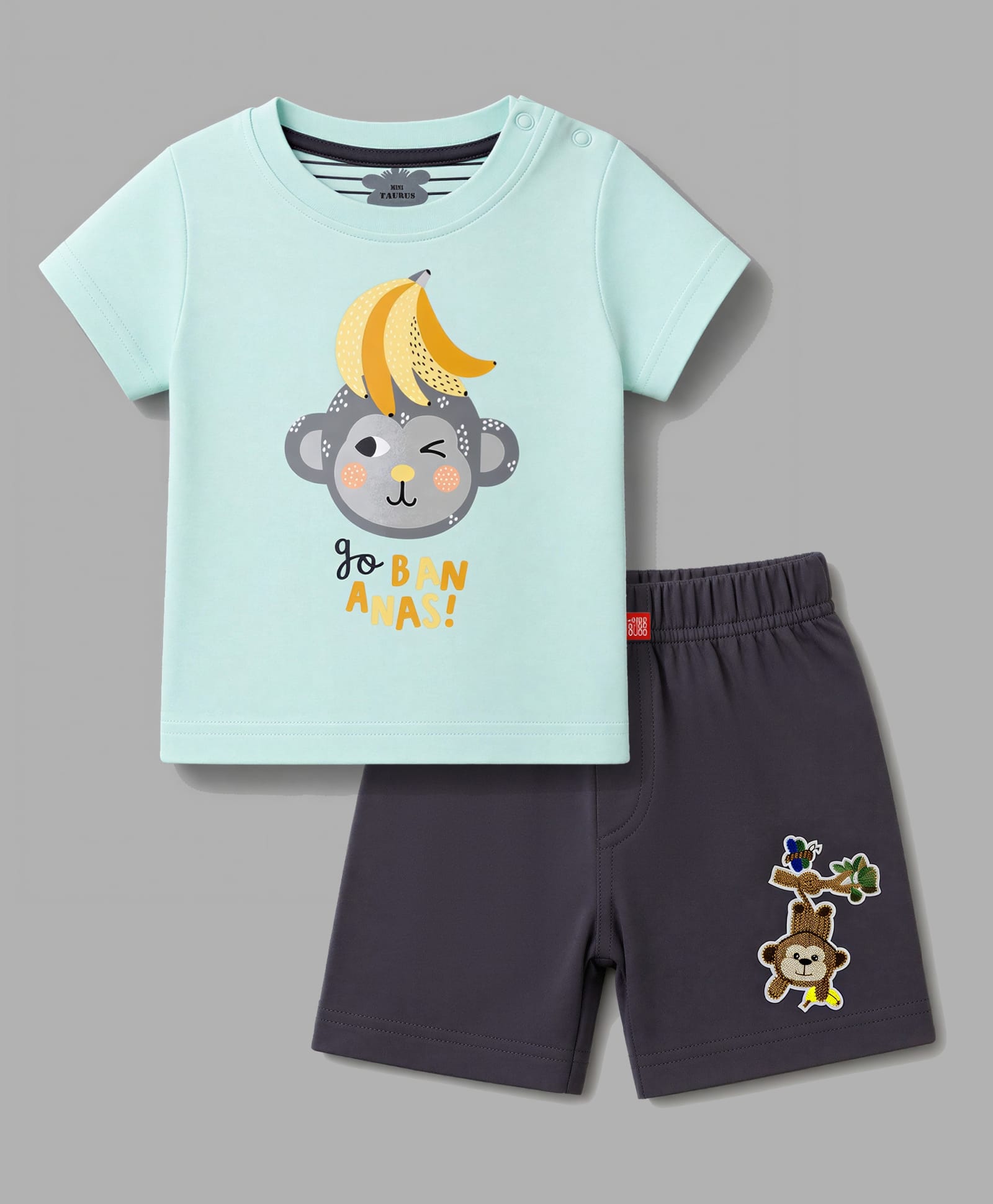 Mini Taurus Knit Half Sleeves T-Shirt & Shorts Night Suit with Monkey & Text Print -Mint-image-16