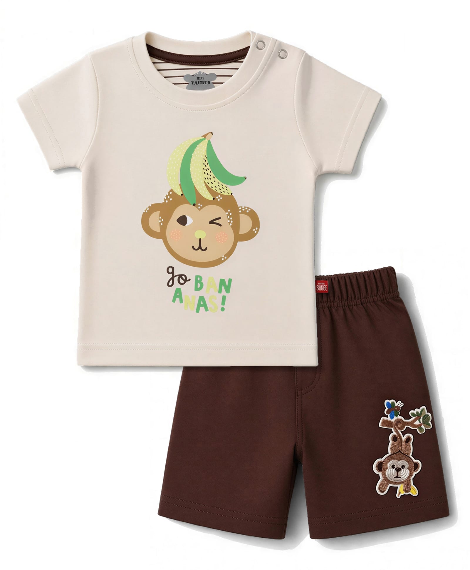 Mini Taurus Knit Half Sleeves T-Shirt & Shorts Night Suit with Monkey & Text Print -Off White-picture-28