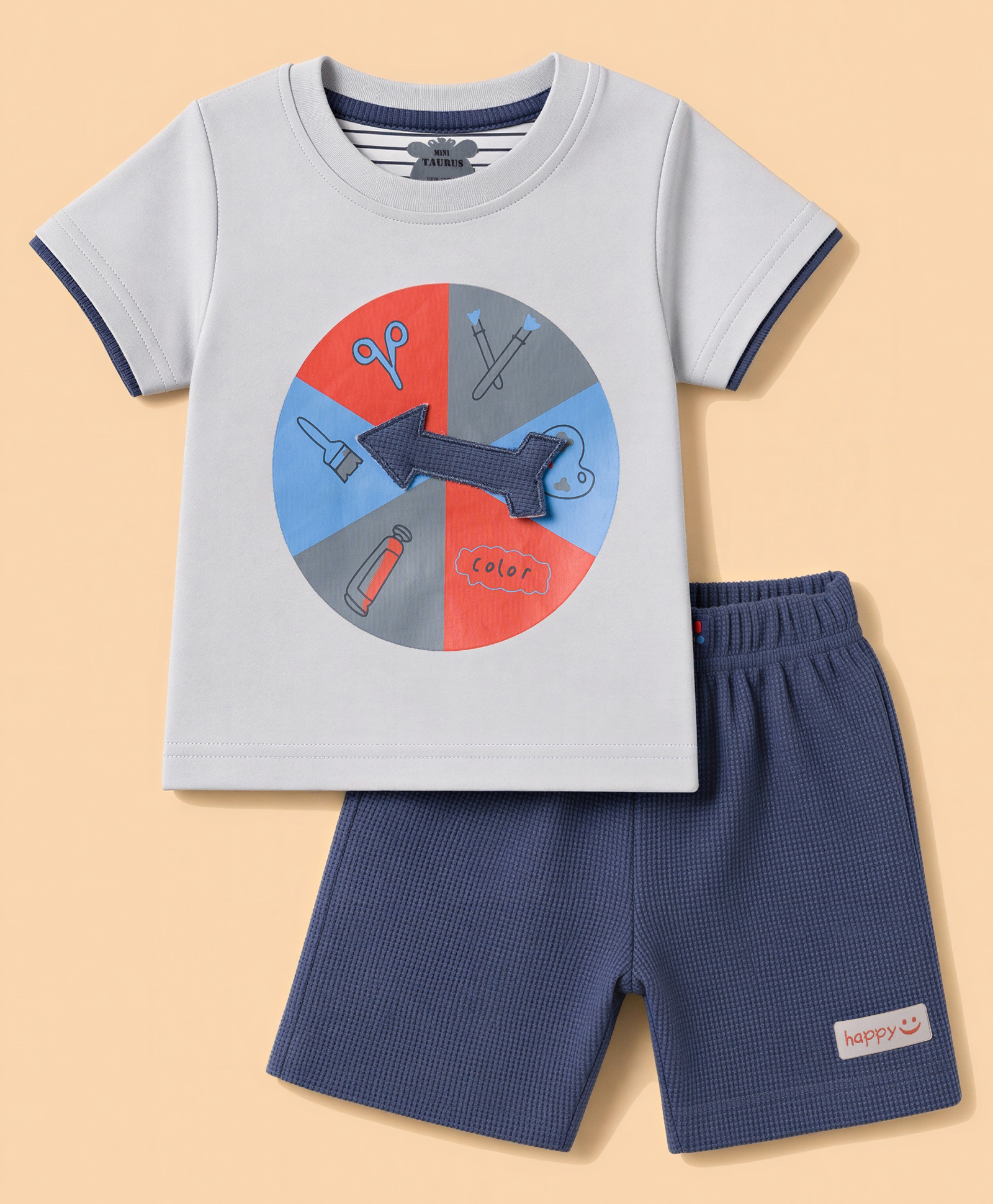 Mini Taurus Knit Half Sleeves T-Shirt & Shorts Night Suit with Wheel Spinner Print & Applique -Grey-picture-20