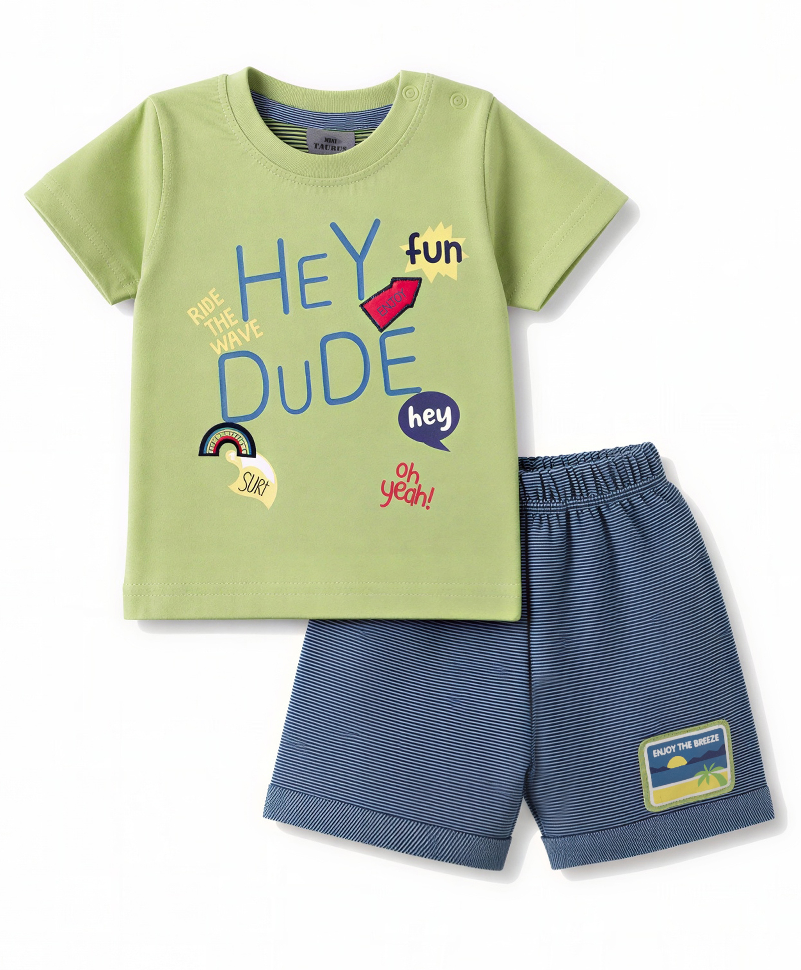 Mini Taurus Knit Half Sleeves T-Shirt & Shorts Night Suit with Text Print - Olive Green-image-17
