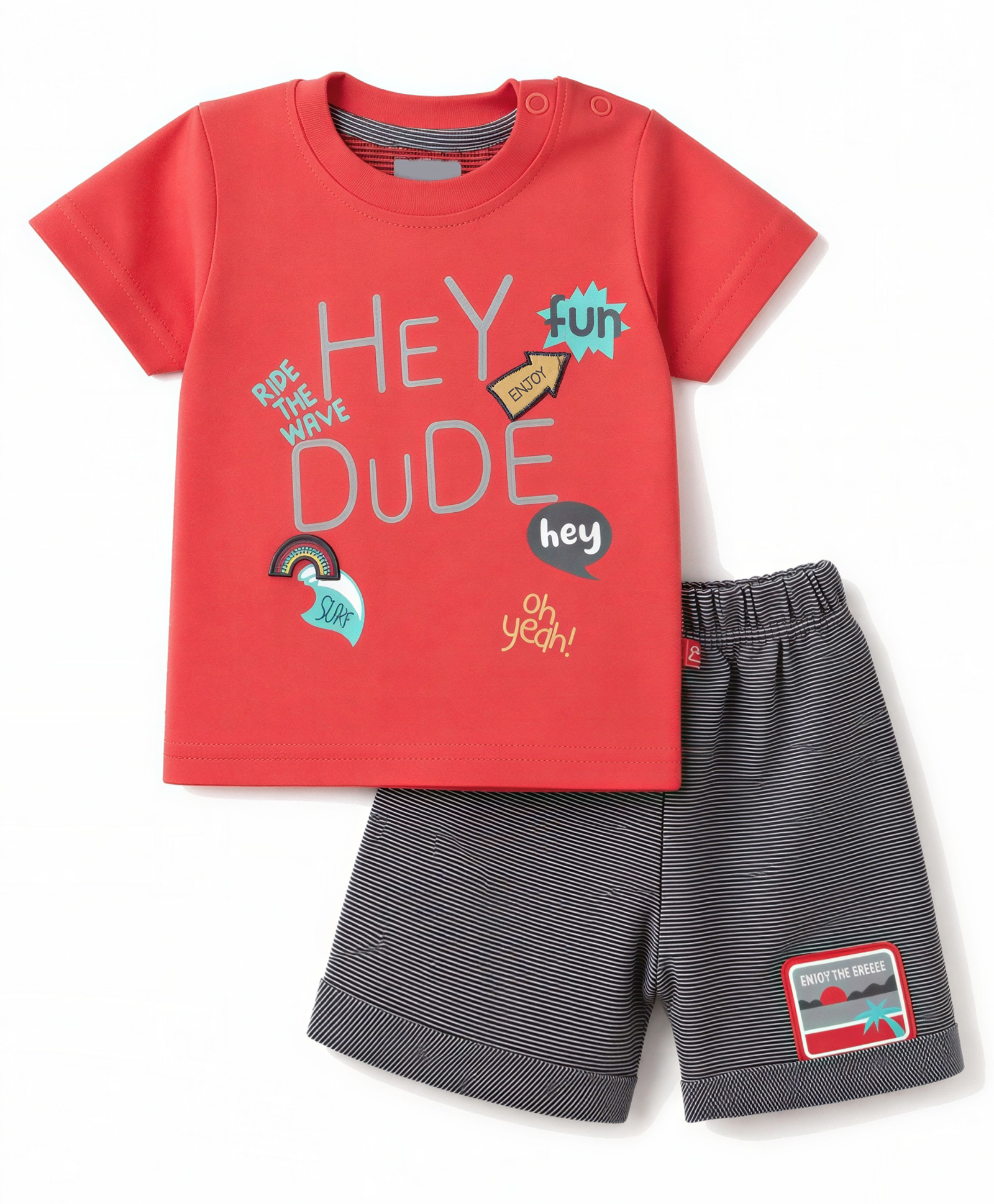 Mini Taurus Knit Half Sleeves T-Shirt & Shorts Night Suit with Text Print - Red-image-19