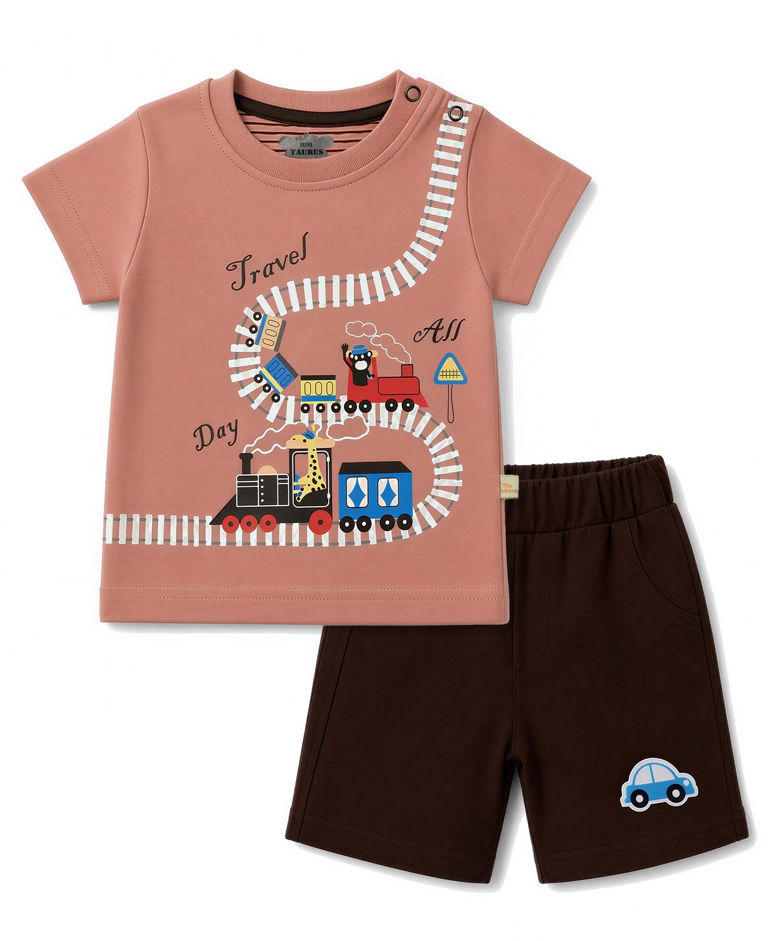 Mini Taurus Knit Half Sleeves T-Shirt & Shorts Night Suit with Train & Animals Print -Light Red-picture-25