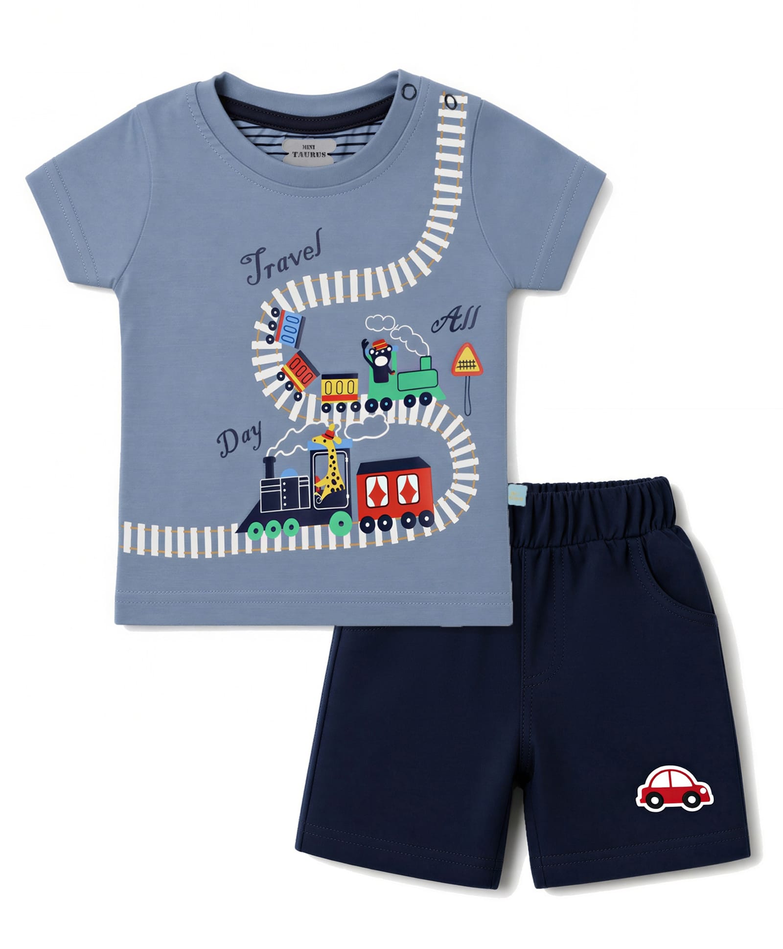 Mini Taurus Knit Half Sleeves T-Shirt & Shorts Night Suit with Train & Animals Print - Grey-picture-44