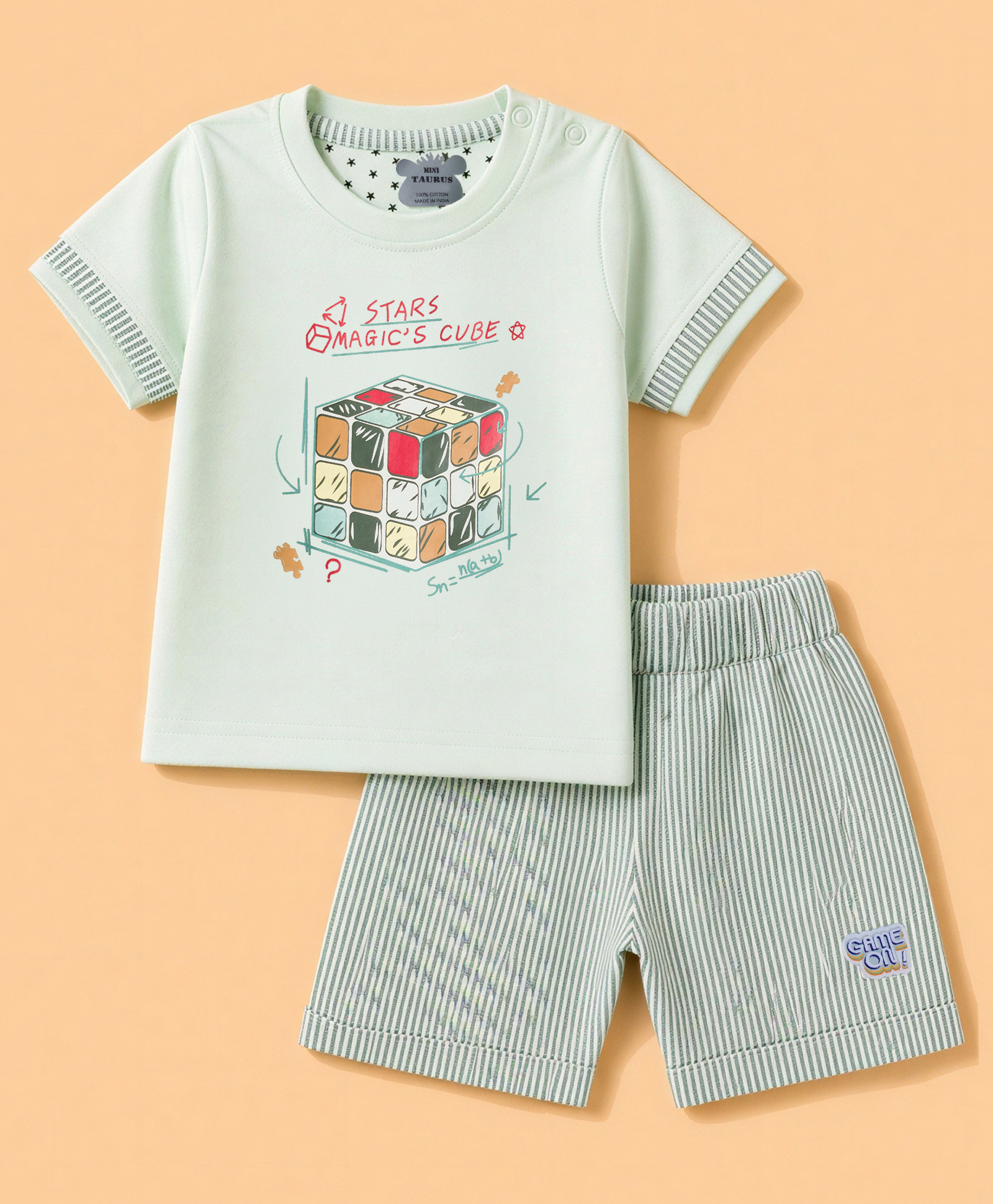 Mini Taurus Knit Half Sleeves T-Shirt & Shorts Night Suit with Magic Cubes Print - Mint-picture-43