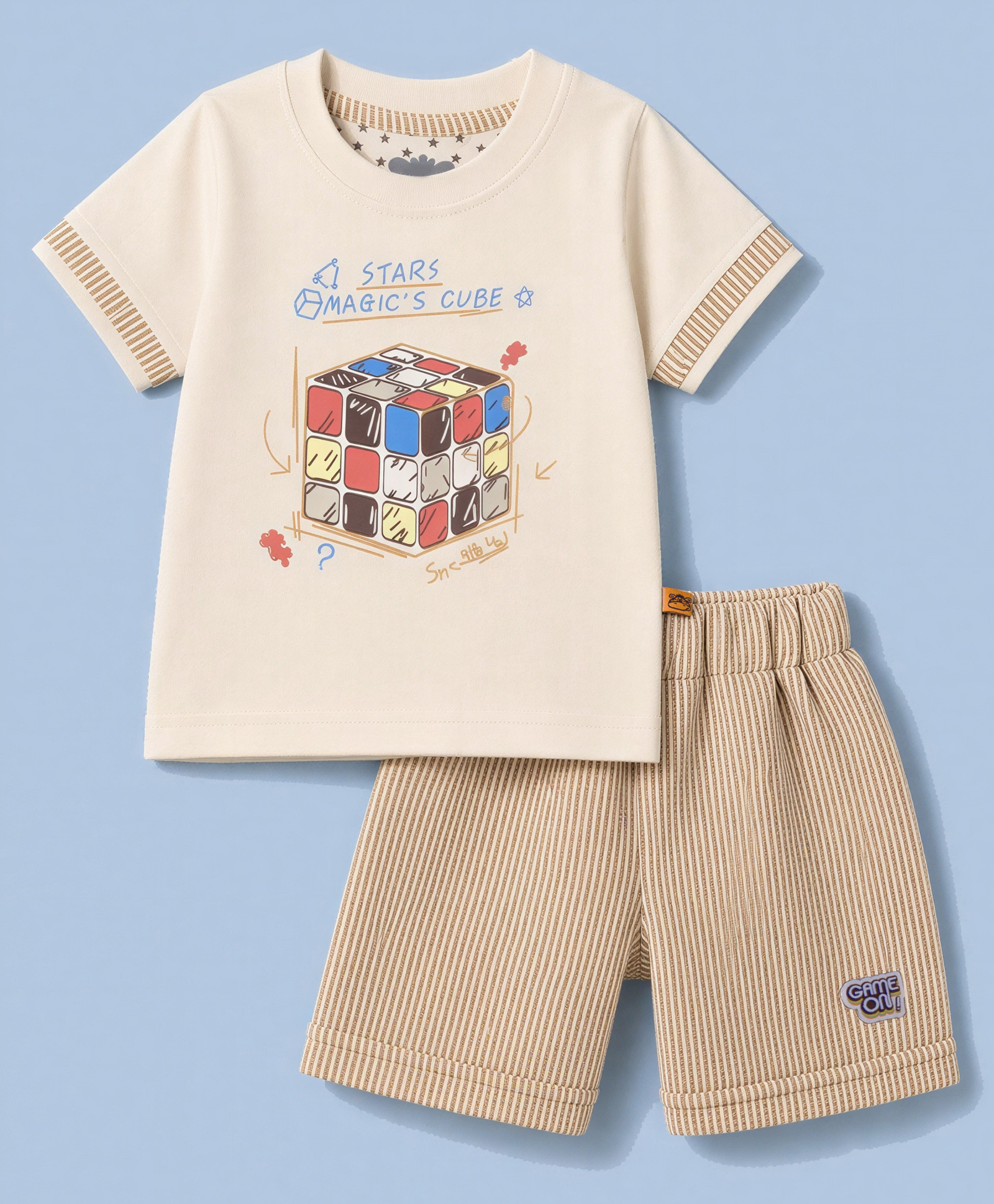 Mini Taurus Knit Half Sleeves T-Shirt & Shorts Night Suit with Magic Cubes Print - Off White-picture-16