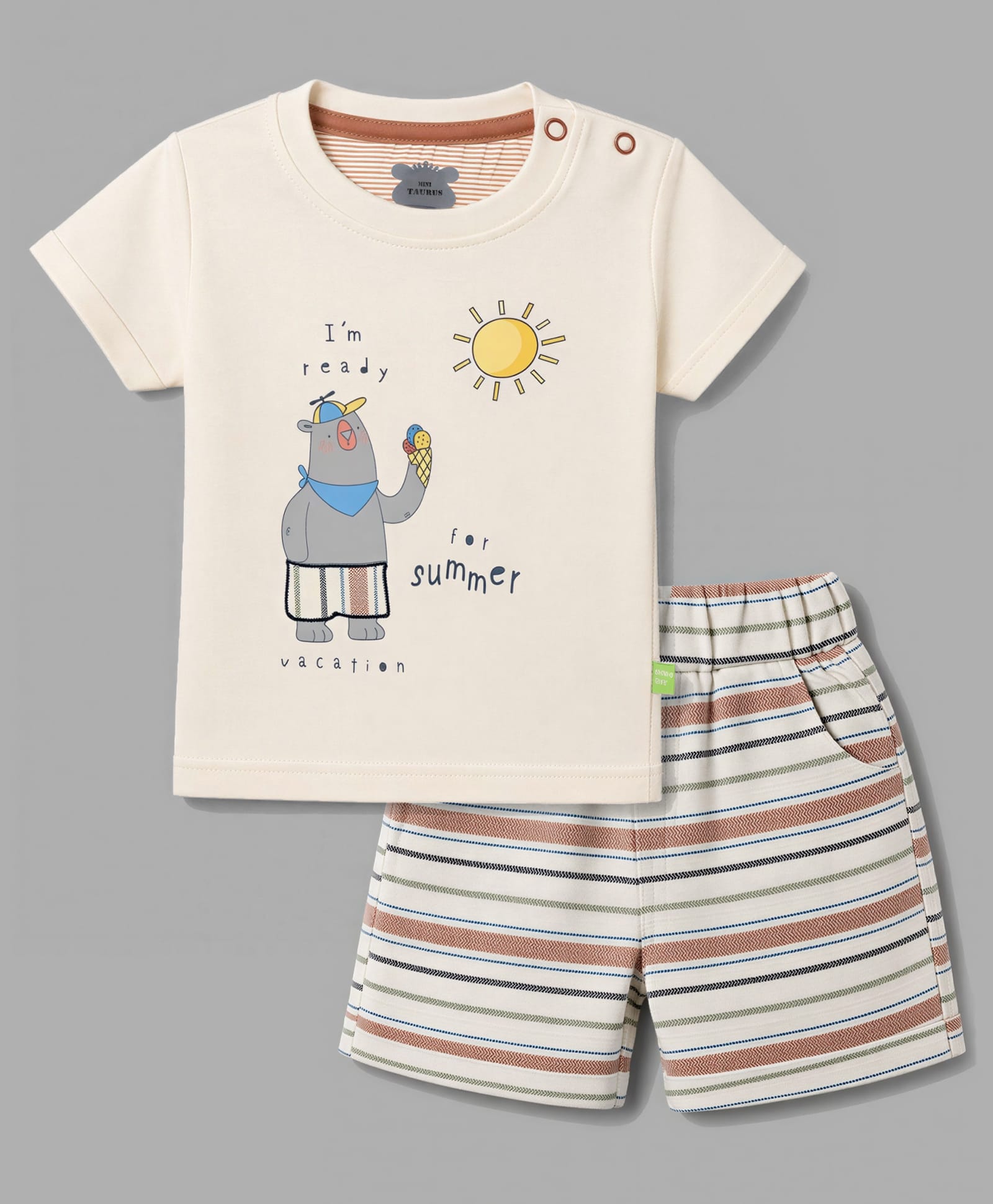 Mini Taurus Knit Half Sleeves T-Shirt & Shorts Night Suit with Bear Print - Rust Orange-image-29
