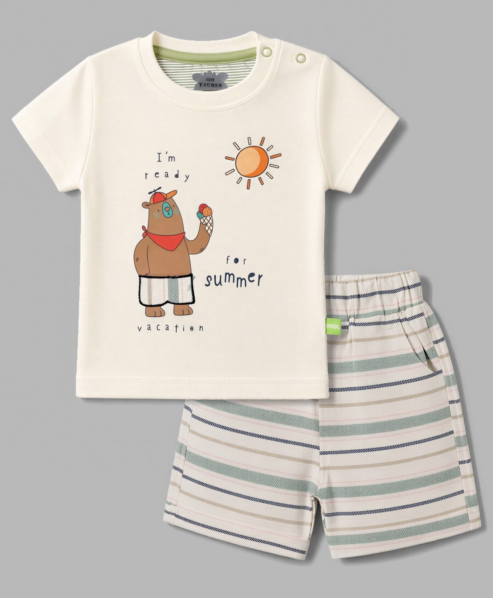 Mini Taurus Knit Half Sleeves T-Shirt & Shorts Night Suit with Bear Print -Olive Green-image-18