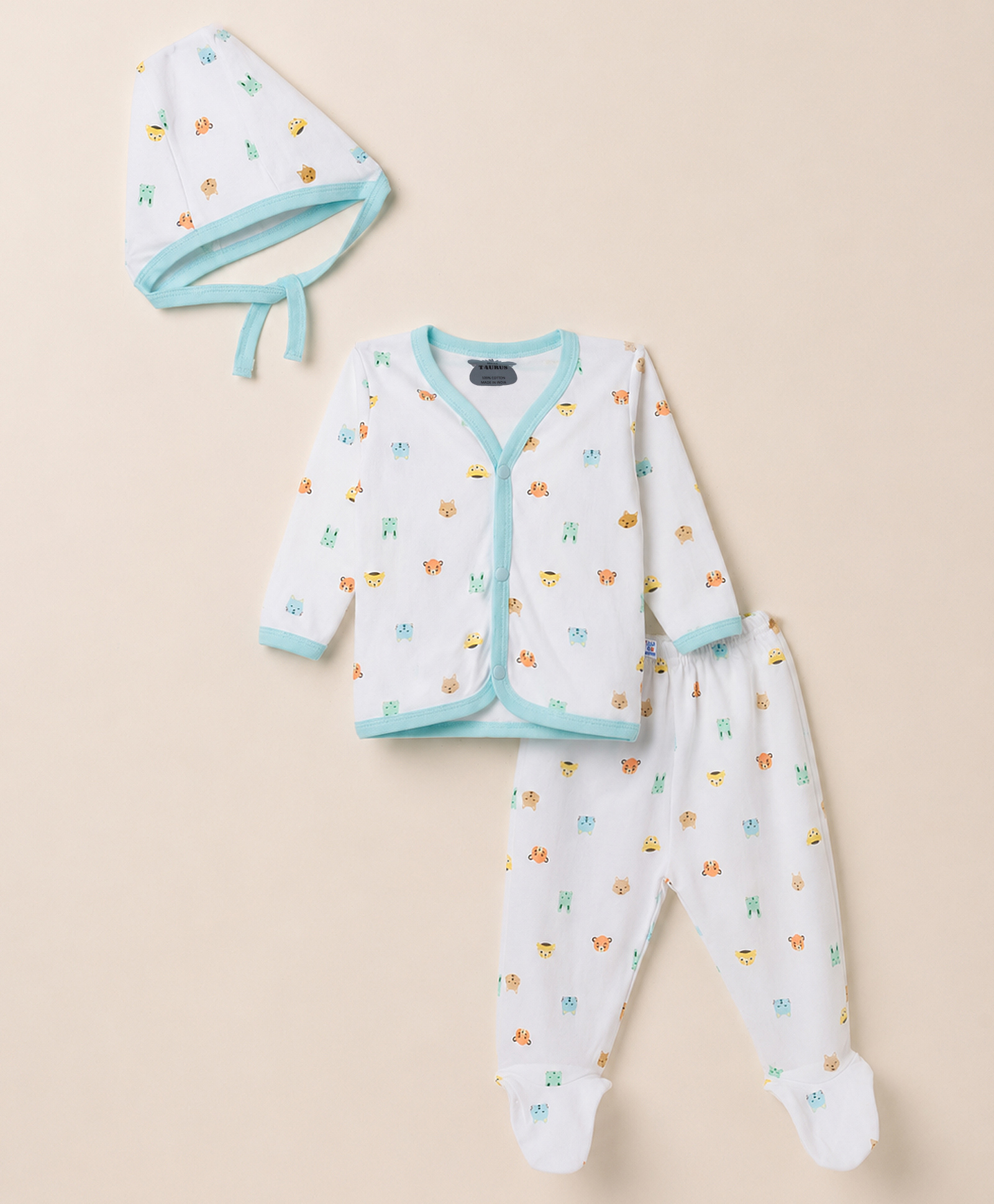 Mini Taurus Knit Full Sleeves Animal Printed T-Shirt & Pyjama Night Suit Co-ord With Cap - Aqua-picture-17