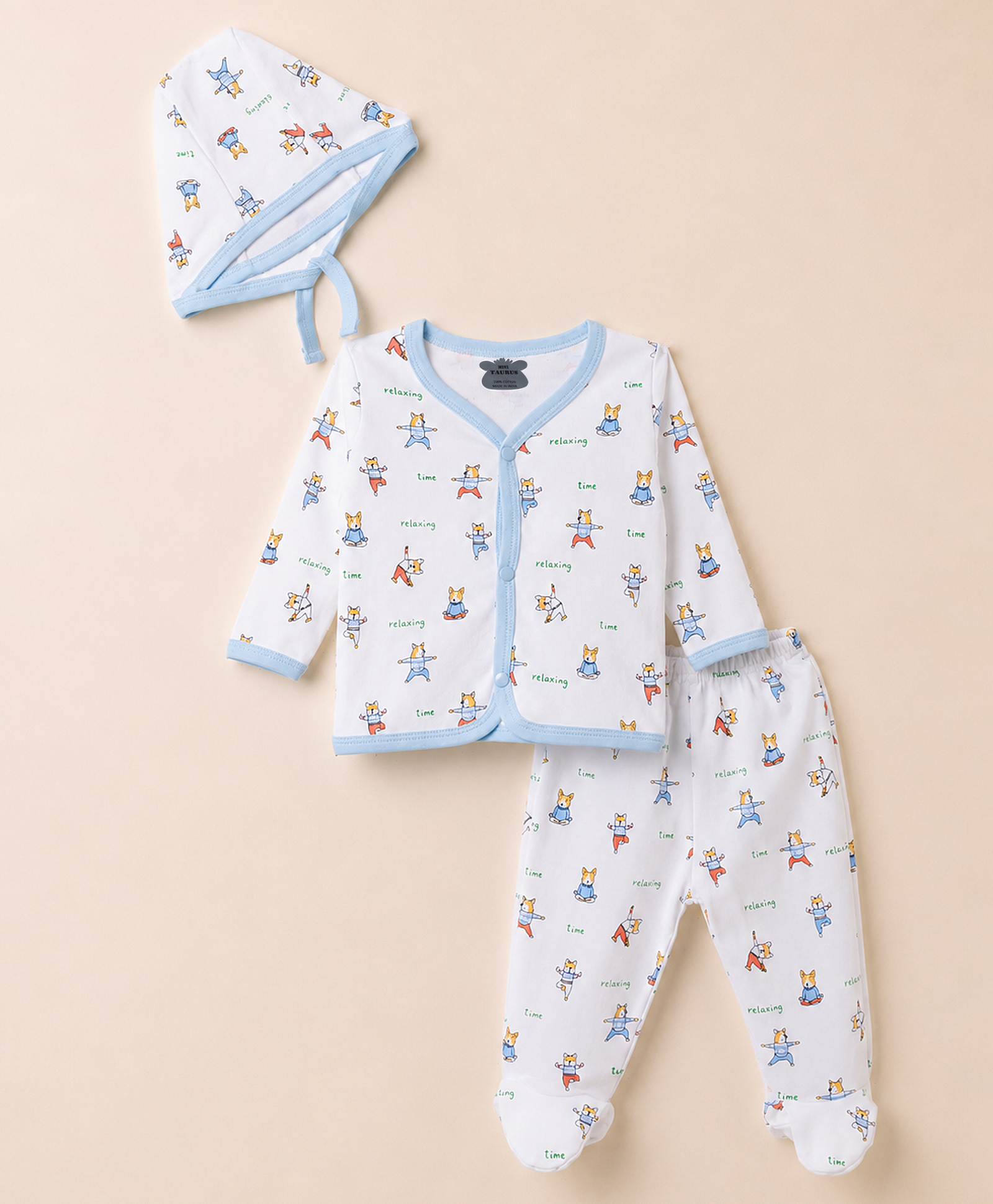Mini Taurus Knit Full Sleeves Animal & Text Printed T-Shirt & Pyjama Night Suit Co-ord With Cap - Sky Blue-image-7