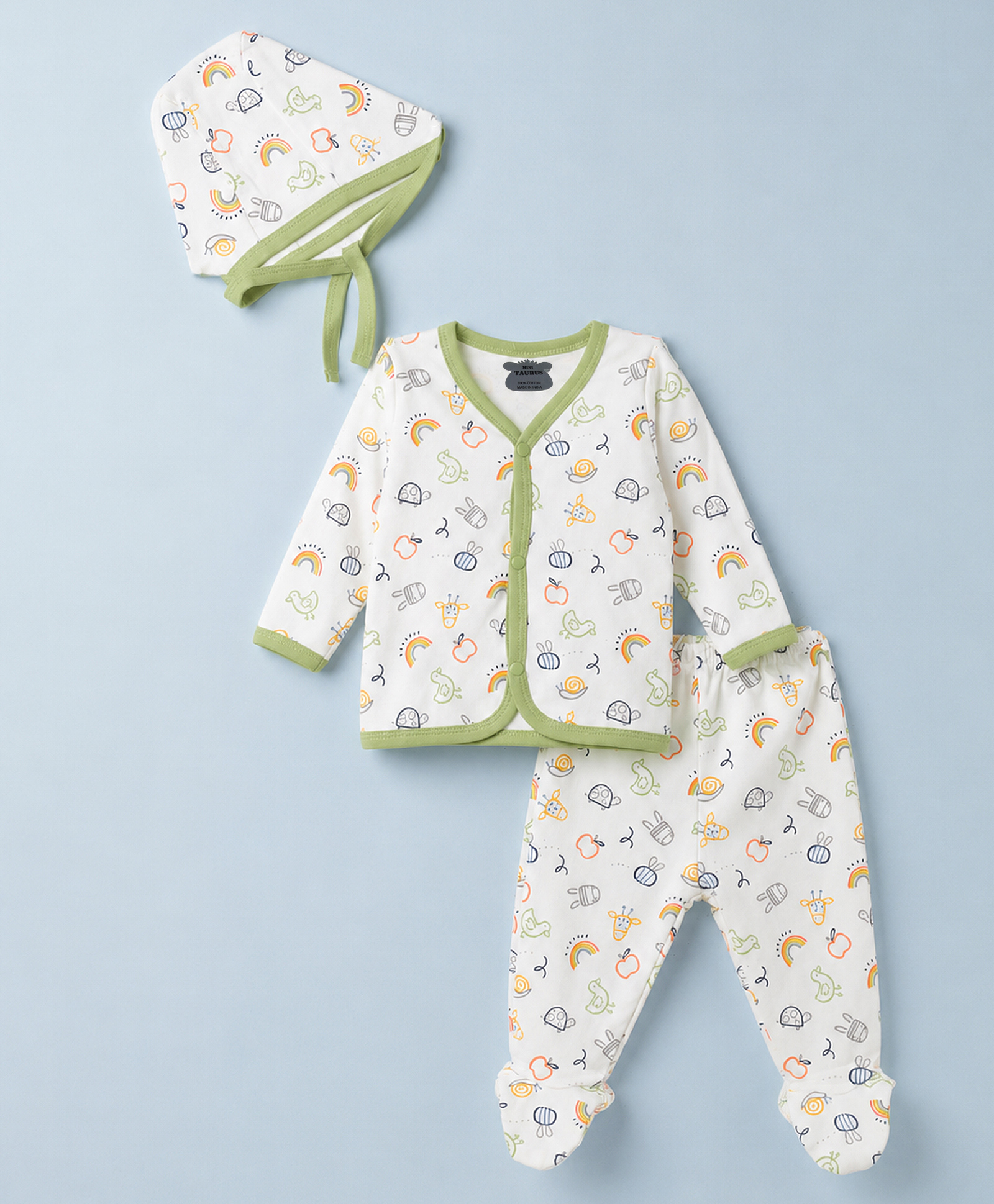 Mini Taurus Knit Full Sleeves Birds & Rainbow Printed T-Shirt & Pyjama Night Suit Co-ord With Cap - Green-image-31