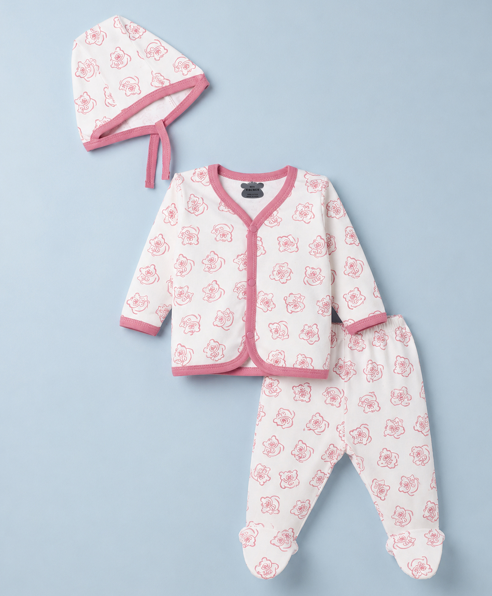 Mini Taurus Knit Full Sleeves Teddy Bear Printed T-Shirt & Pyjama Night Suit Co-ord With Cap - Dark Red-picture-24