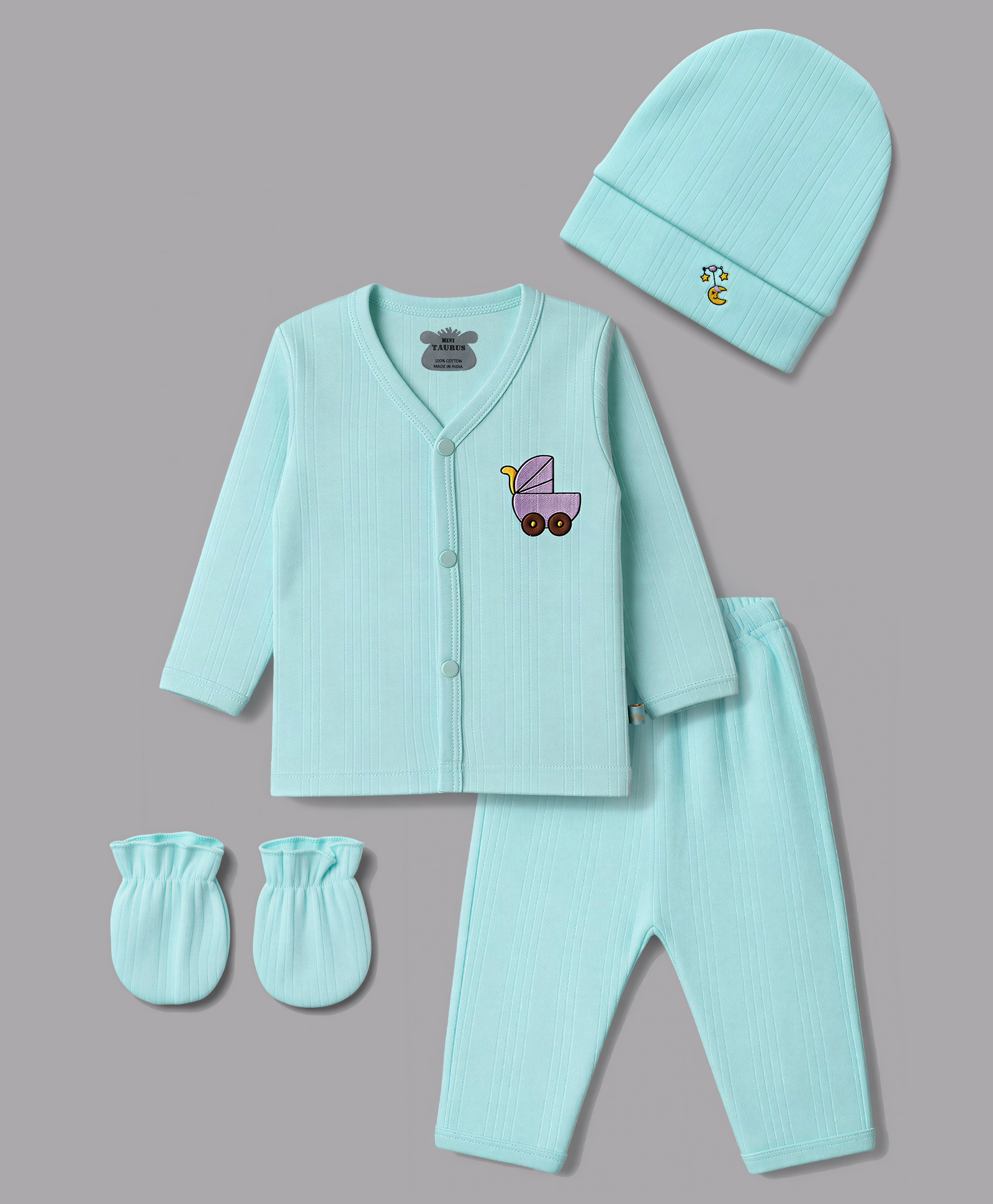 Mini Taurus Knit Full Sleeves Stroller Embroidered T-Shirt & Pyjama Night Suit With Cap & Mittens - Aqua-picture-26
