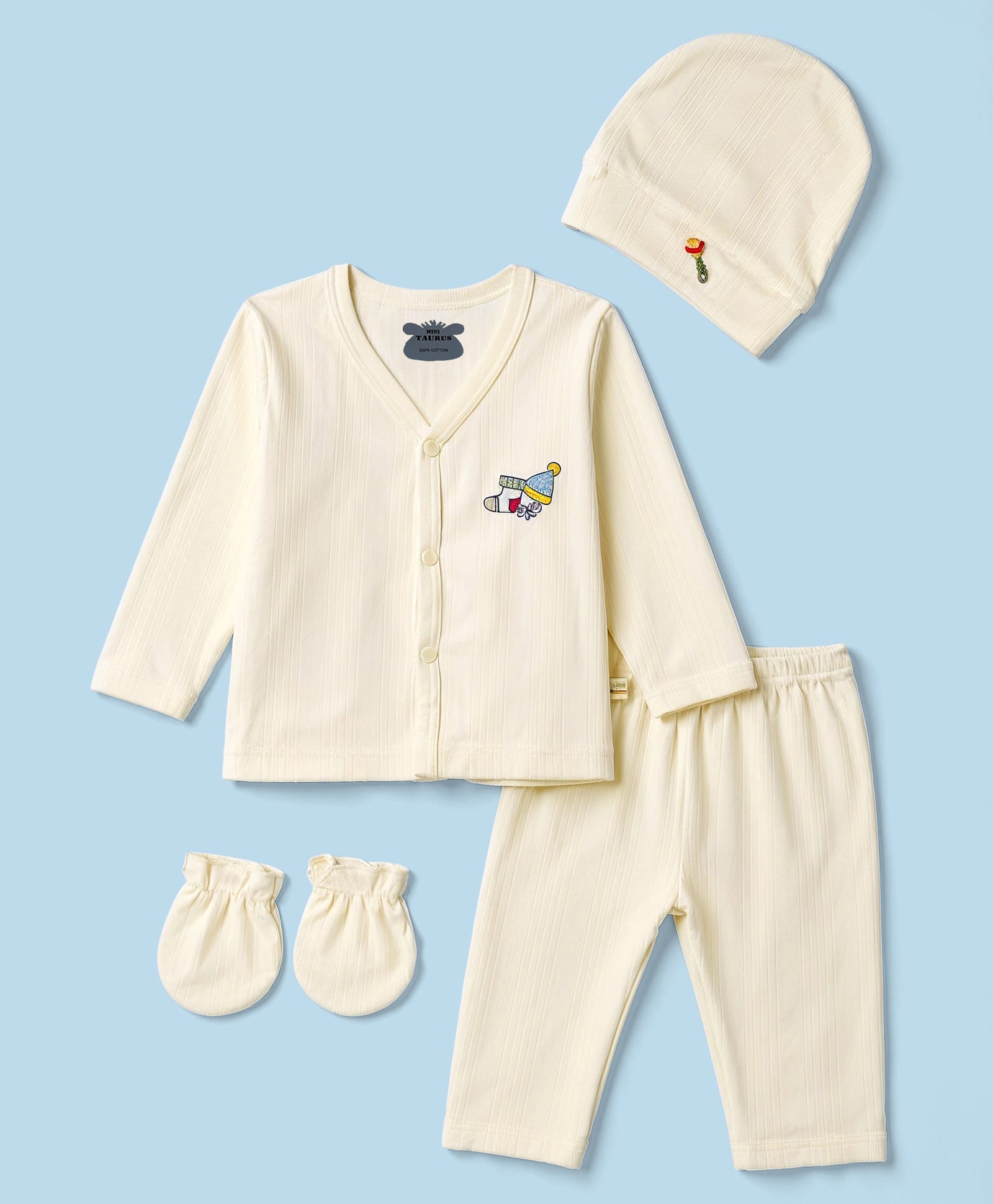 Mini Taurus Knit Full Sleeves Socks Embroidered T-Shirt & Pyjama Night Suit With Cap & Mittens - Off White-image-42