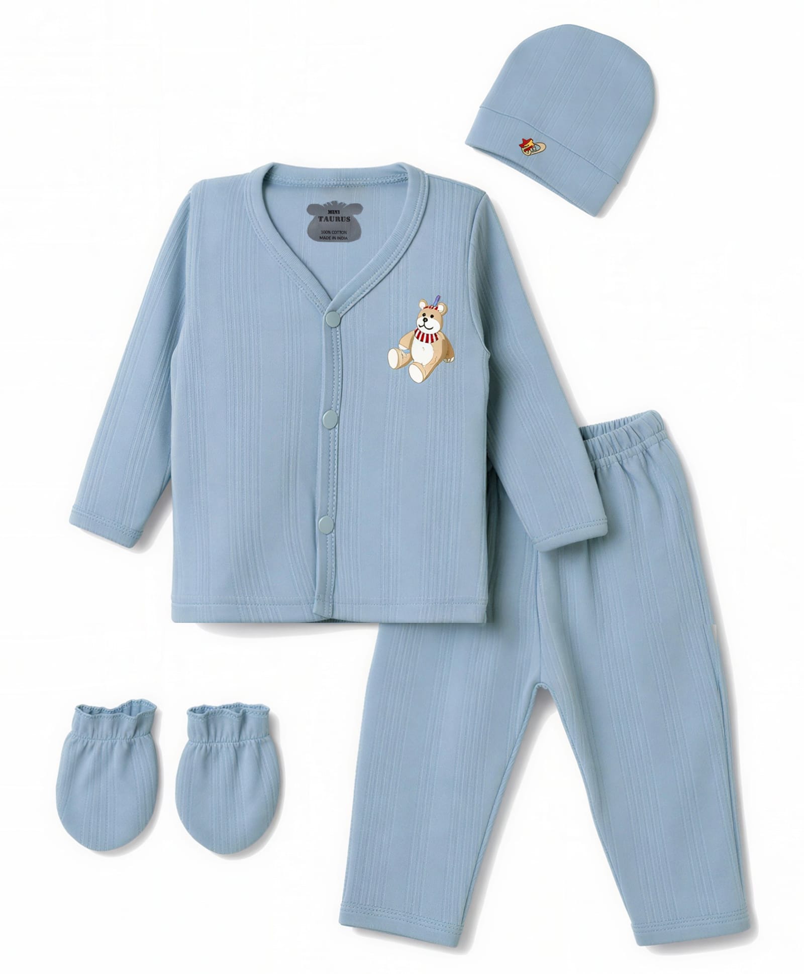 Mini Taurus Knit Full Sleeves Teddy Bear Embroidered T-Shirt & Pyjama Night Suit With Cap & Mittens - Grey-image-43