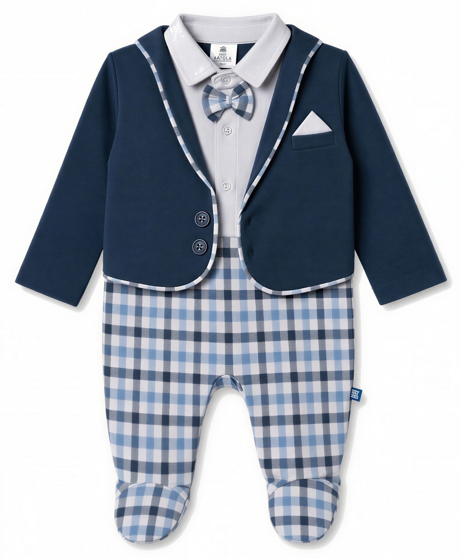 Mini Taurus Knit Full Sleeves Checkered Footed Party Romper with Jacket & Attached Bow - Blue-picture-24