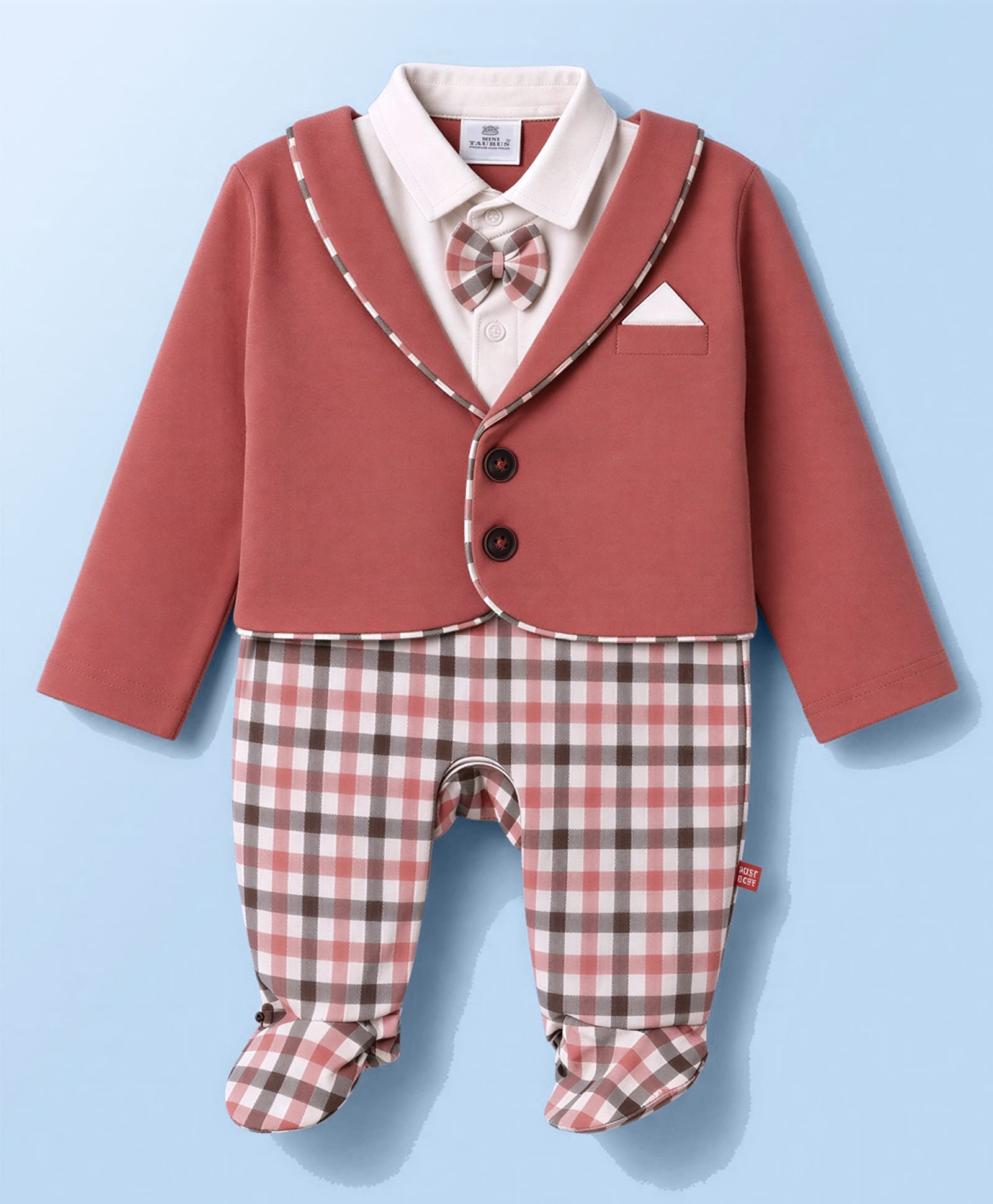 Mini Taurus Knit Full Sleeves Checkered Footed Party Romper with Jacket & Attached Bow - Dark Peach-image-18