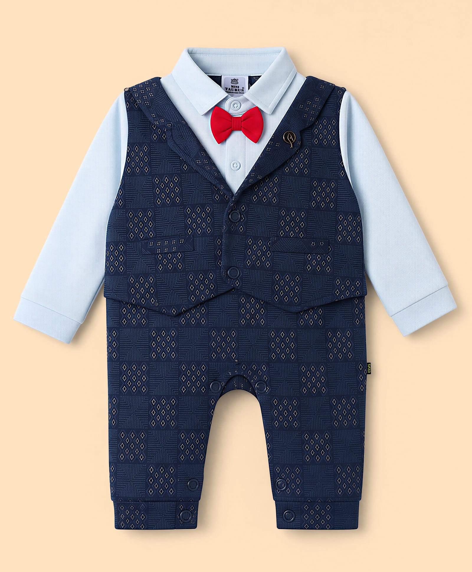 Mini Taurus Knit Full Sleeves Printed Party Romper With Bow Applique - Navy Blue-picture-18