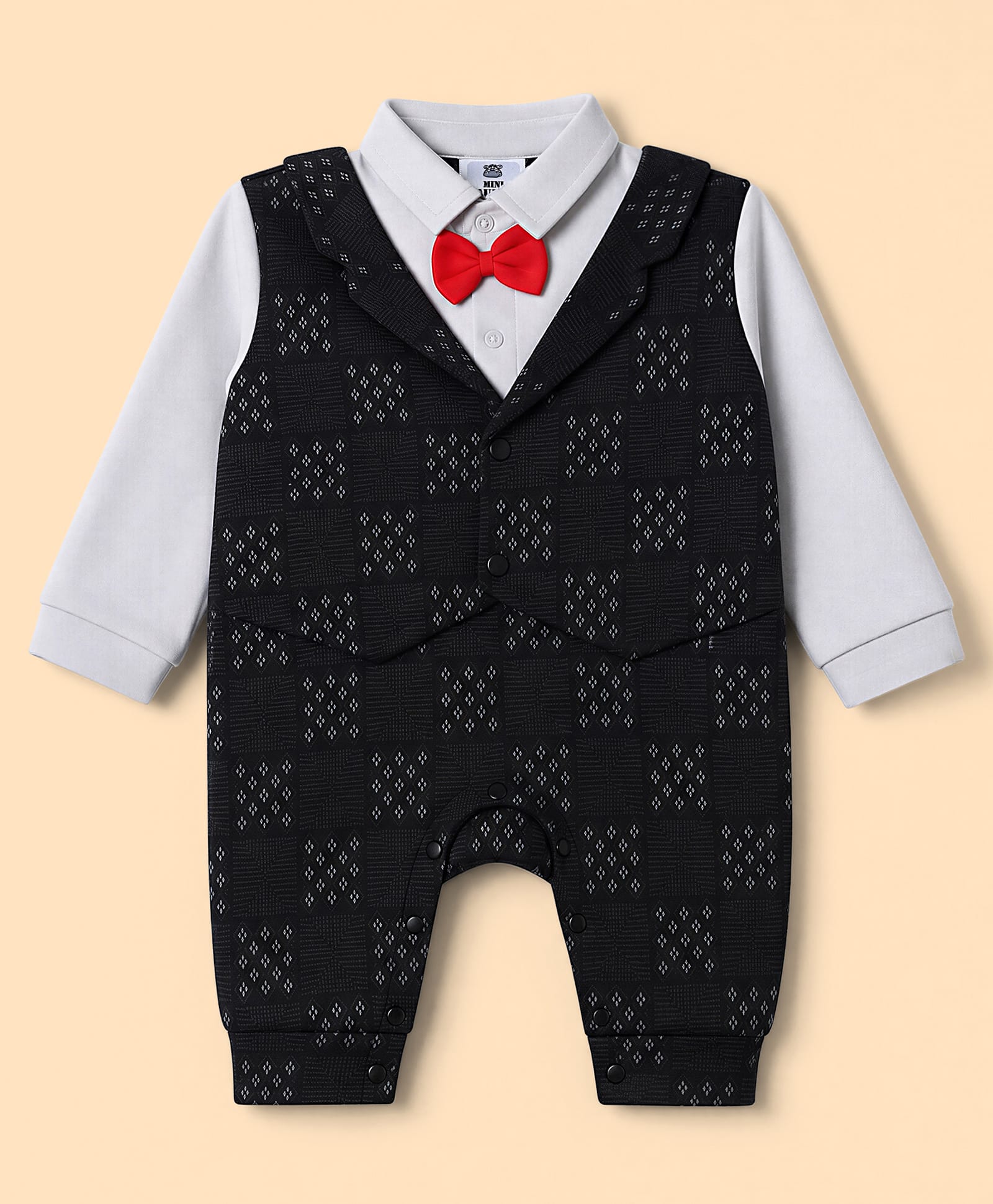 Mini Taurus Knit Full Sleeves Printed Party Romper With Bow Applique -Black-picture-4