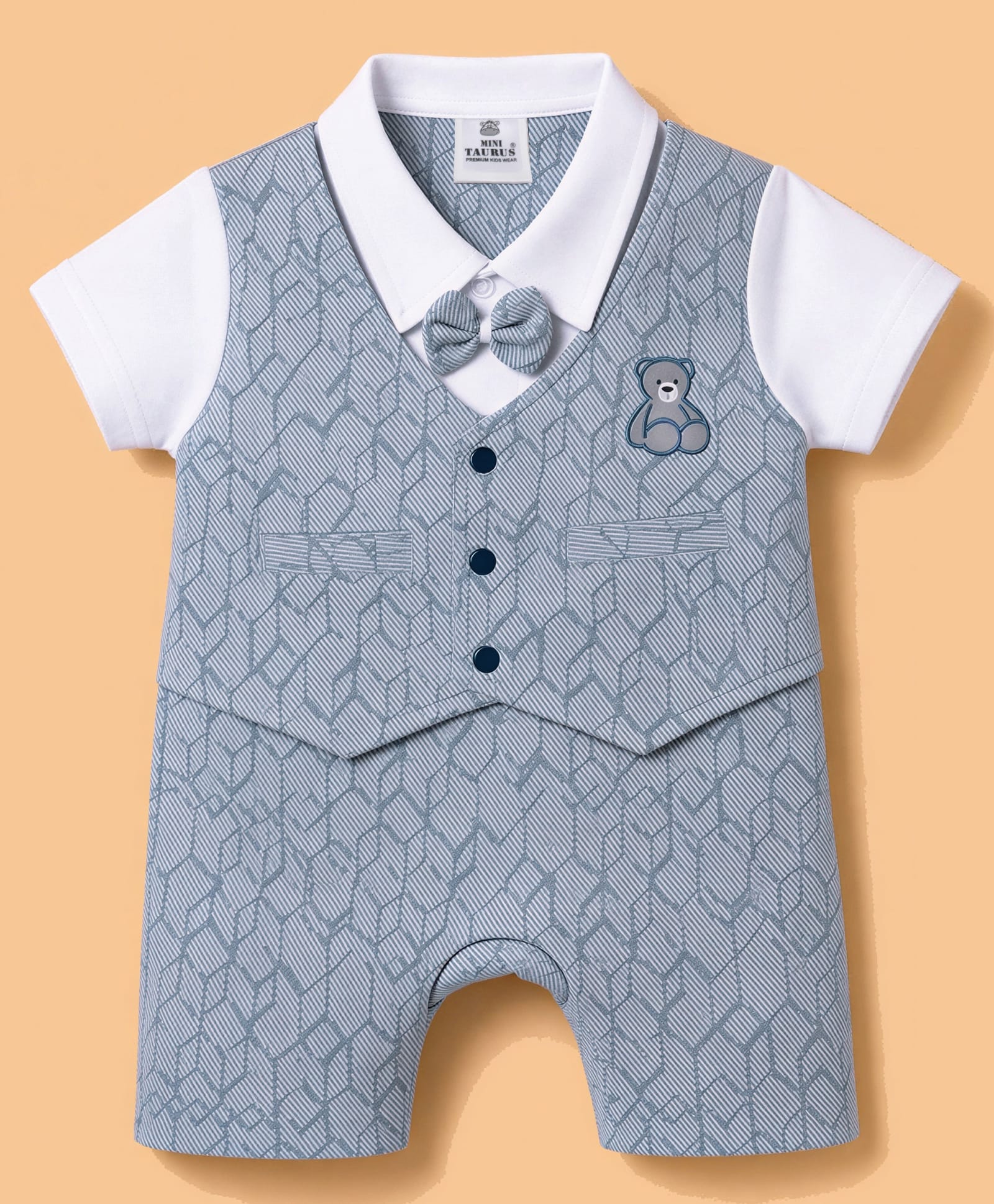 Mini Taurus Knit Half Sleeves Party Romper with Attached Bow & Bear Embroidery - Light Grey-picture-15
