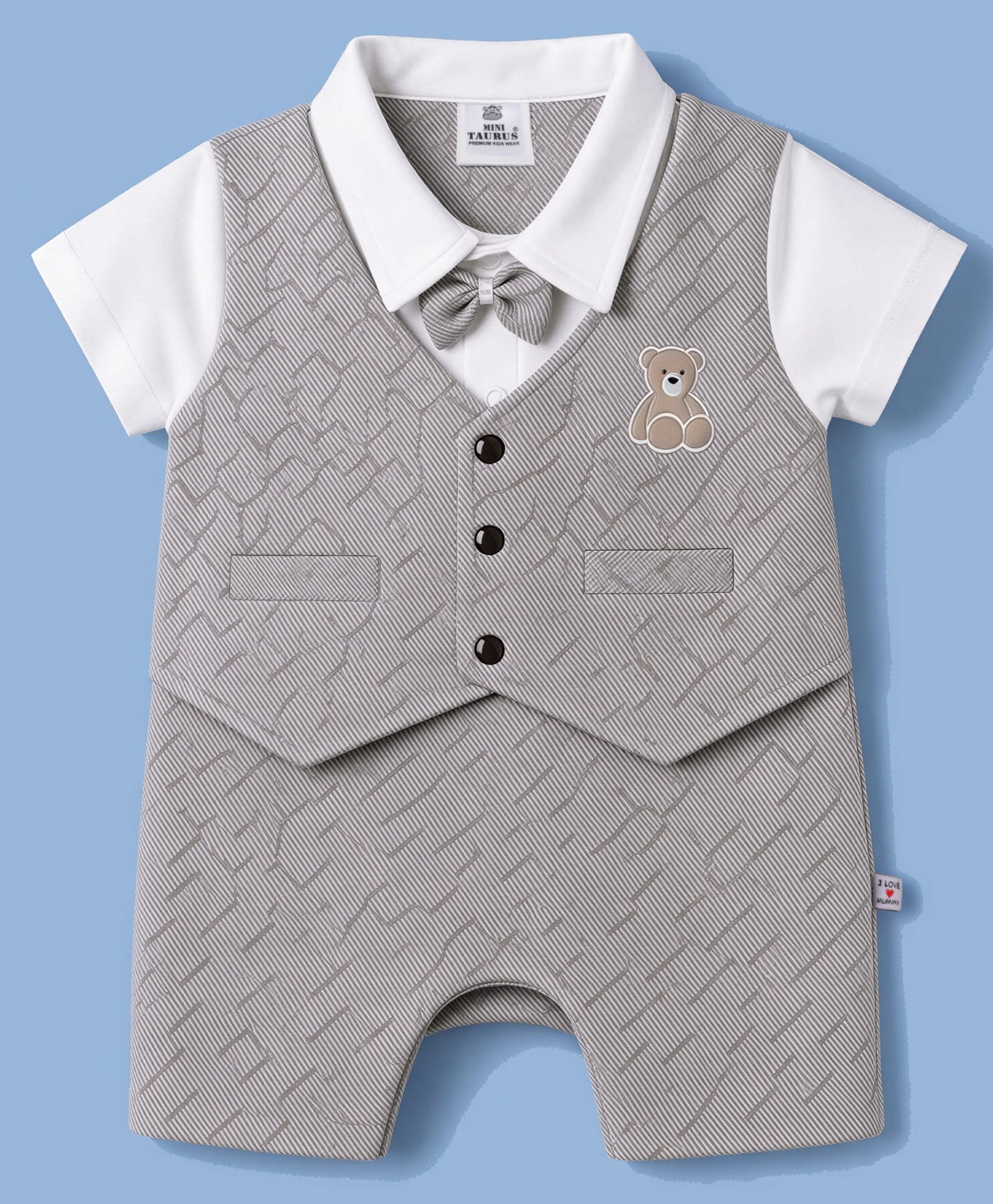 Mini Taurus Knit Half Sleeves Party Romper with Attached Bow & Bear Embroidery - Light Grey-picture-35