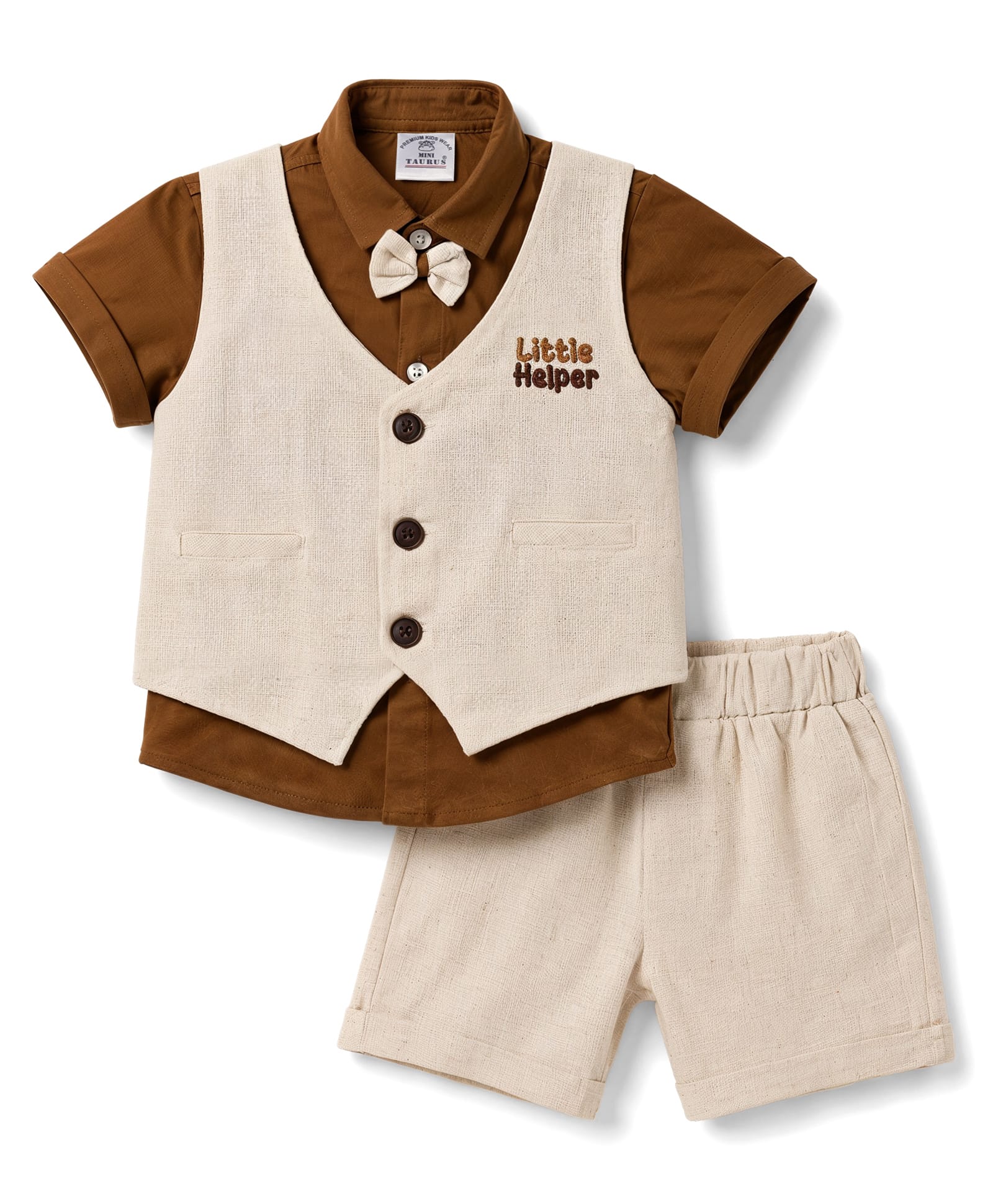 Mini Taurus Cotton Knit Half Sleeves Embroidered 3 Piece Party Suit with Attached Bow Applique - Brown-picture-24