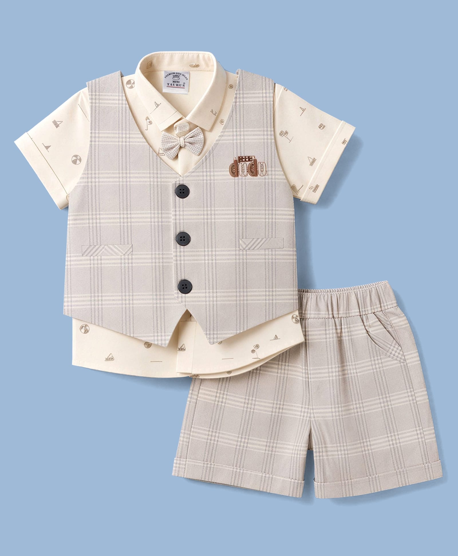 Mini Taurus Cotton Knit Half Sleeves Printed Three Piece Party Suit With Bow - Light Grey-image-16