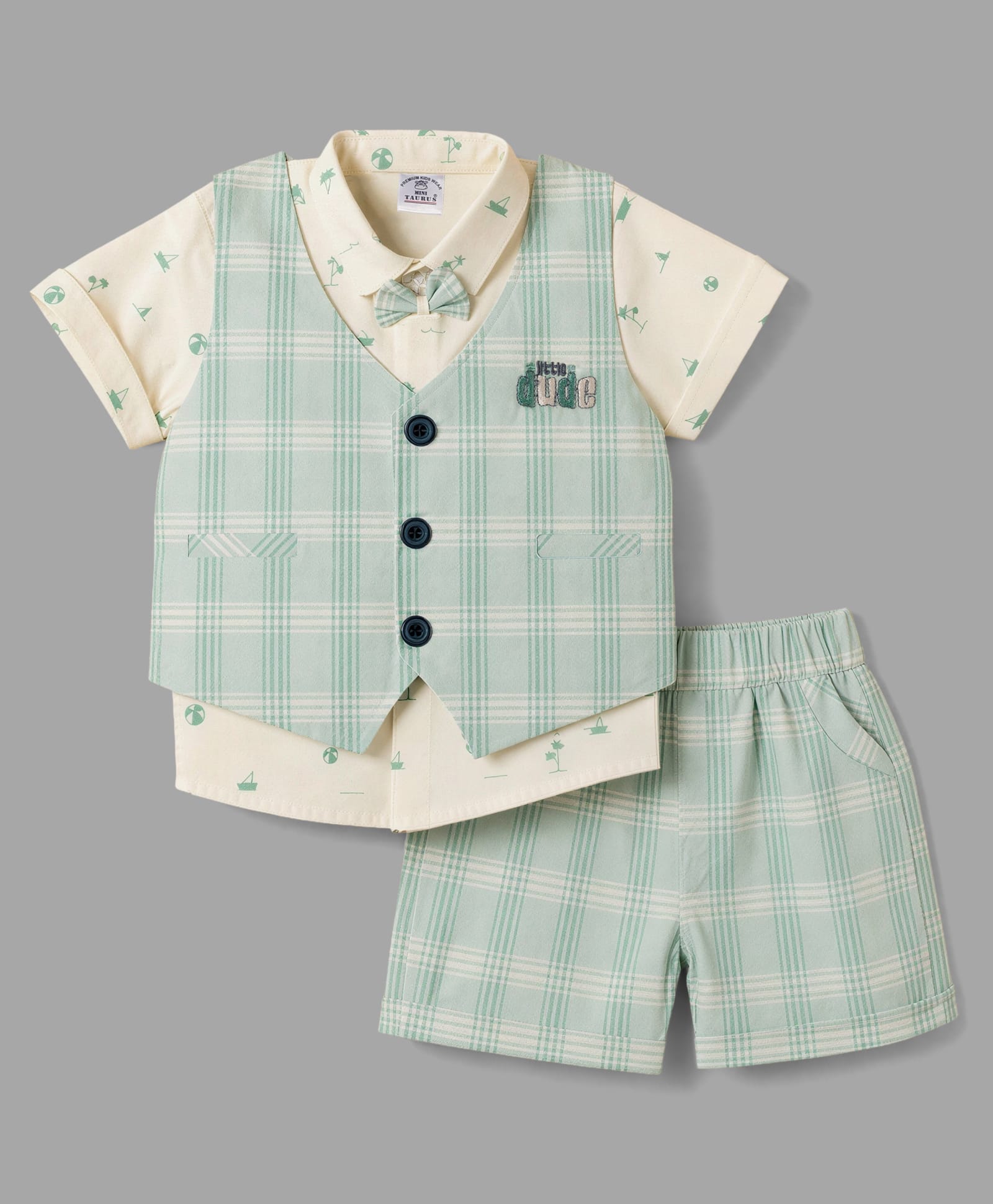 Mini Taurus Cotton Knit Half Sleeves Printed & Text Embroidered Three Piece Party Suit With Bow - Light Green-picture-18
