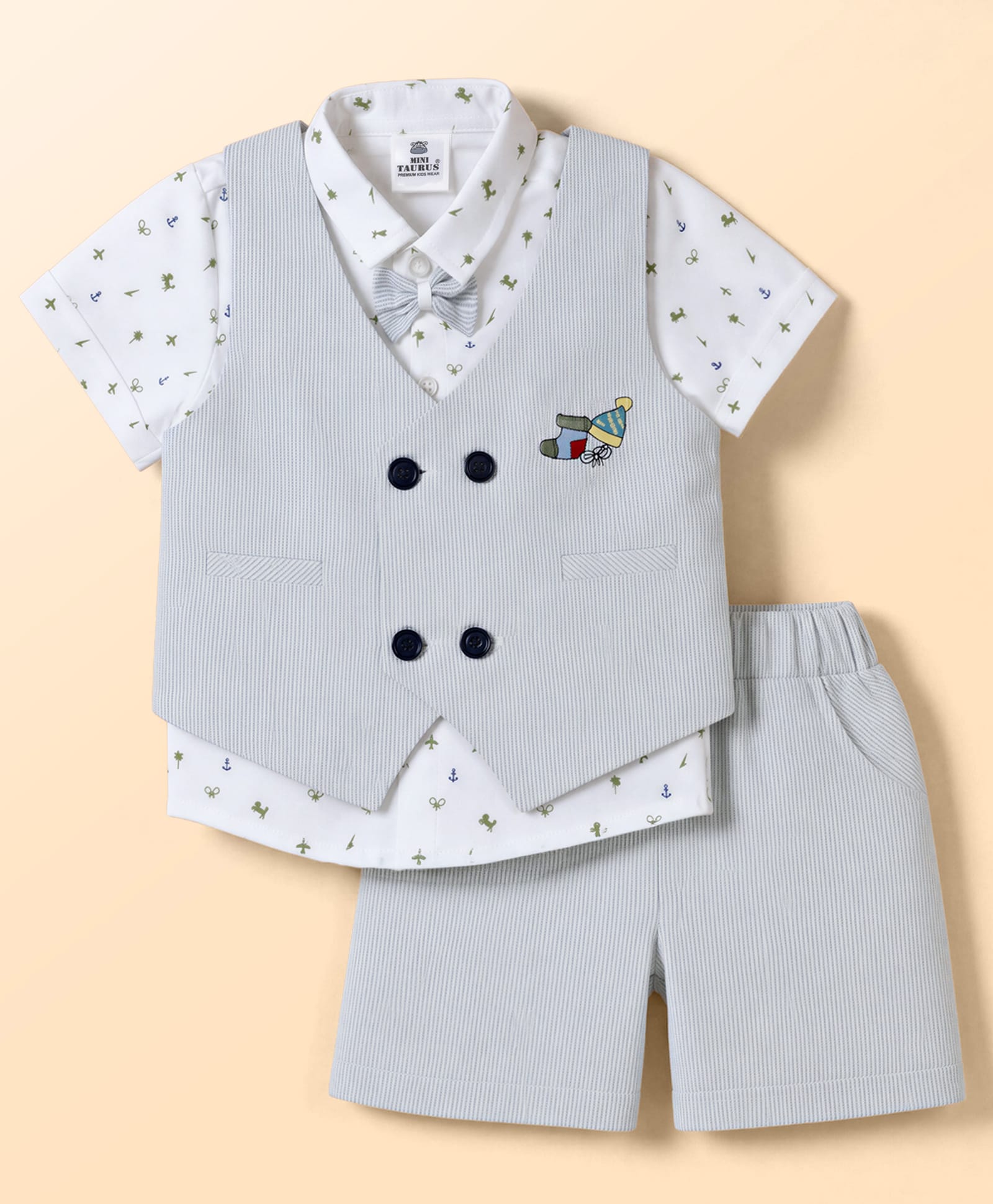 Mini Taurus Cotton Woven Half Sleeves 3 Piece Party Suit with Attached Bow Applique & Embroidery - Light Grey-picture-24