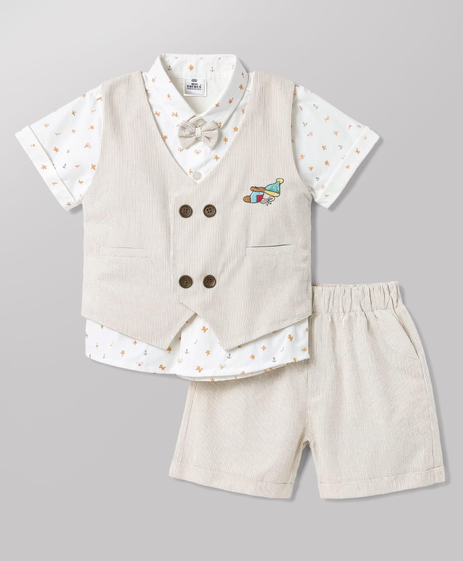 Mini Taurus Cotton Woven Half Sleeves 3 Piece Party Suit with Attached Bow Applique & Embroidery - Beige-picture-30
