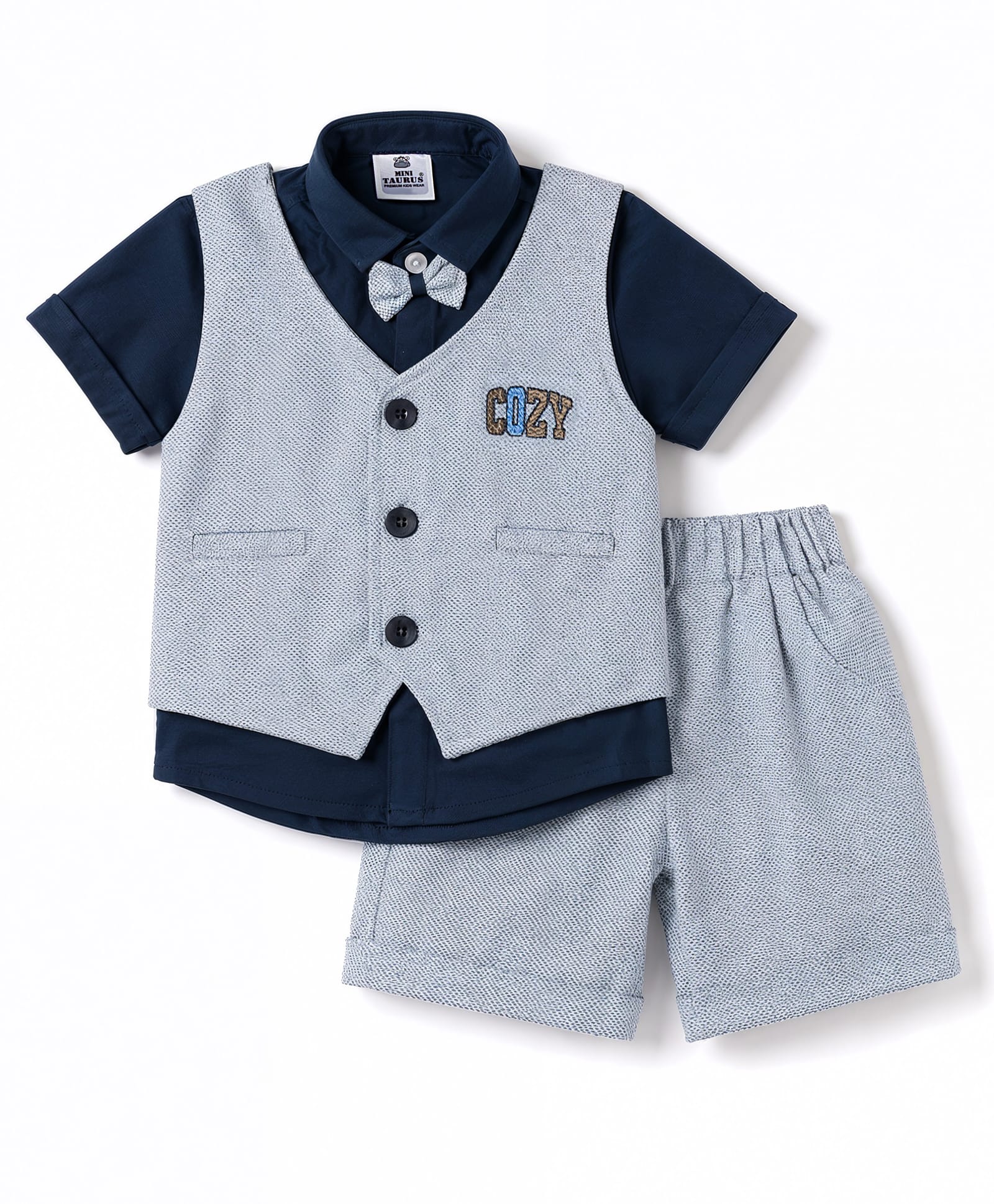 Mini Taurus Cotton Knit Half Sleeves Embroidered 3 Piece Party Suit with Attached Bow Applique - Navy-picture-38