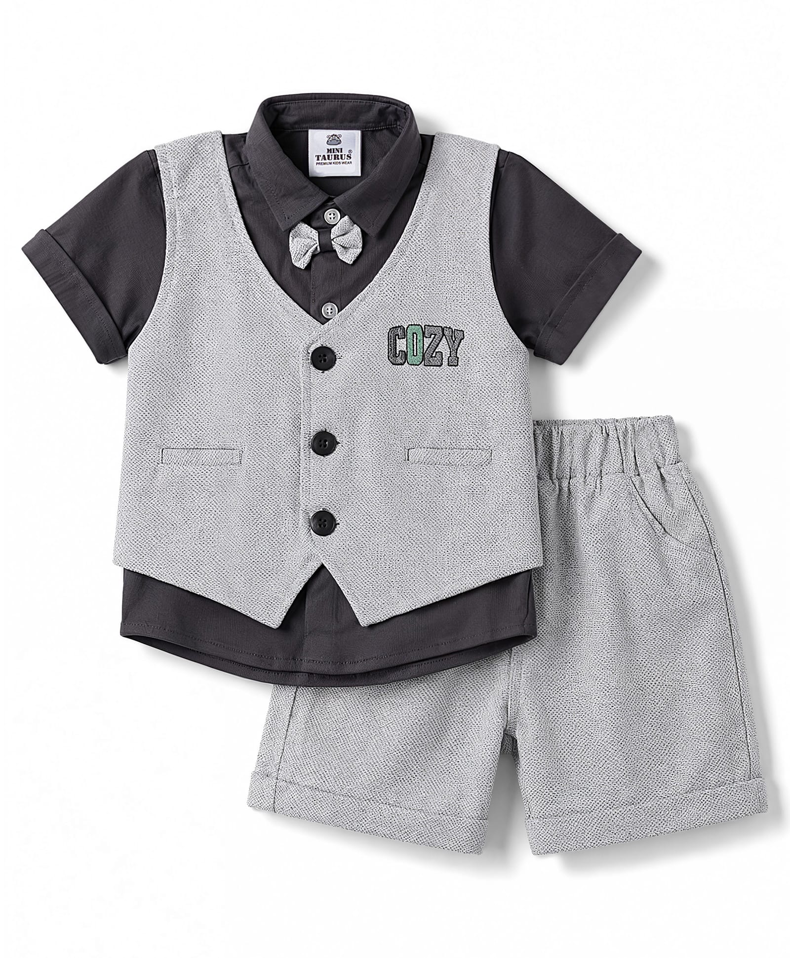 Mini Taurus Cotton Knit Half Sleeves Embroidered 3 Piece Party Suit with Attached Bow Applique - Charcoal Grey-picture-11