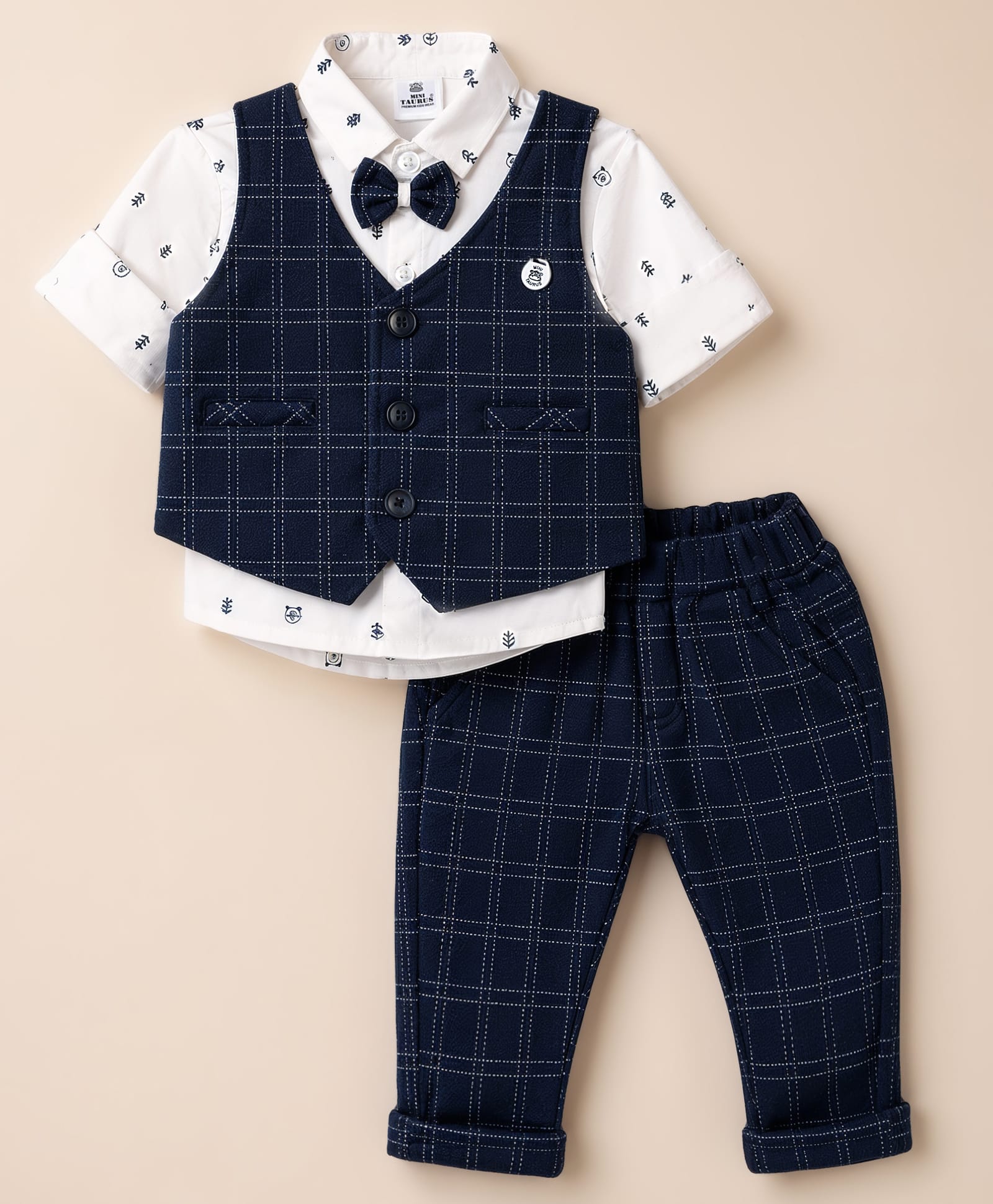 Mini Taurus Cotton Knit Full Sleeves Checked 3 Piece Party Suit with Attached Bow & Applique -Navy Blue-picture-19