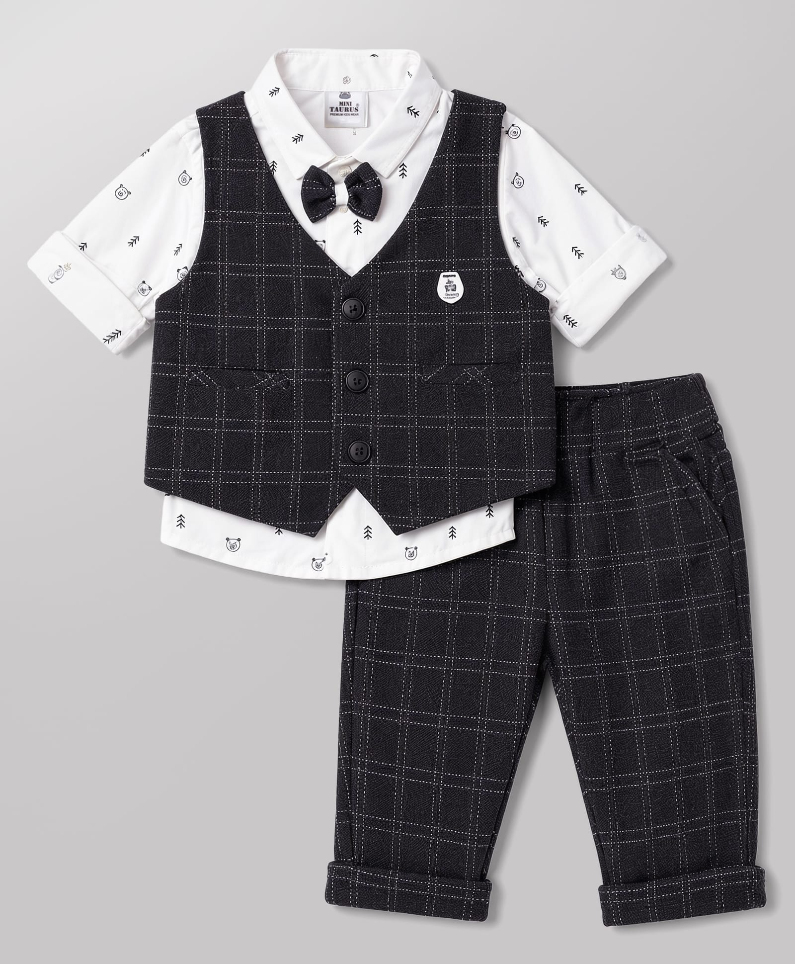 Mini Taurus Cotton Knit Full Sleeves Checked 3 Piece Party Suit with Attached Bow & Applique -Dark Brown-image-40