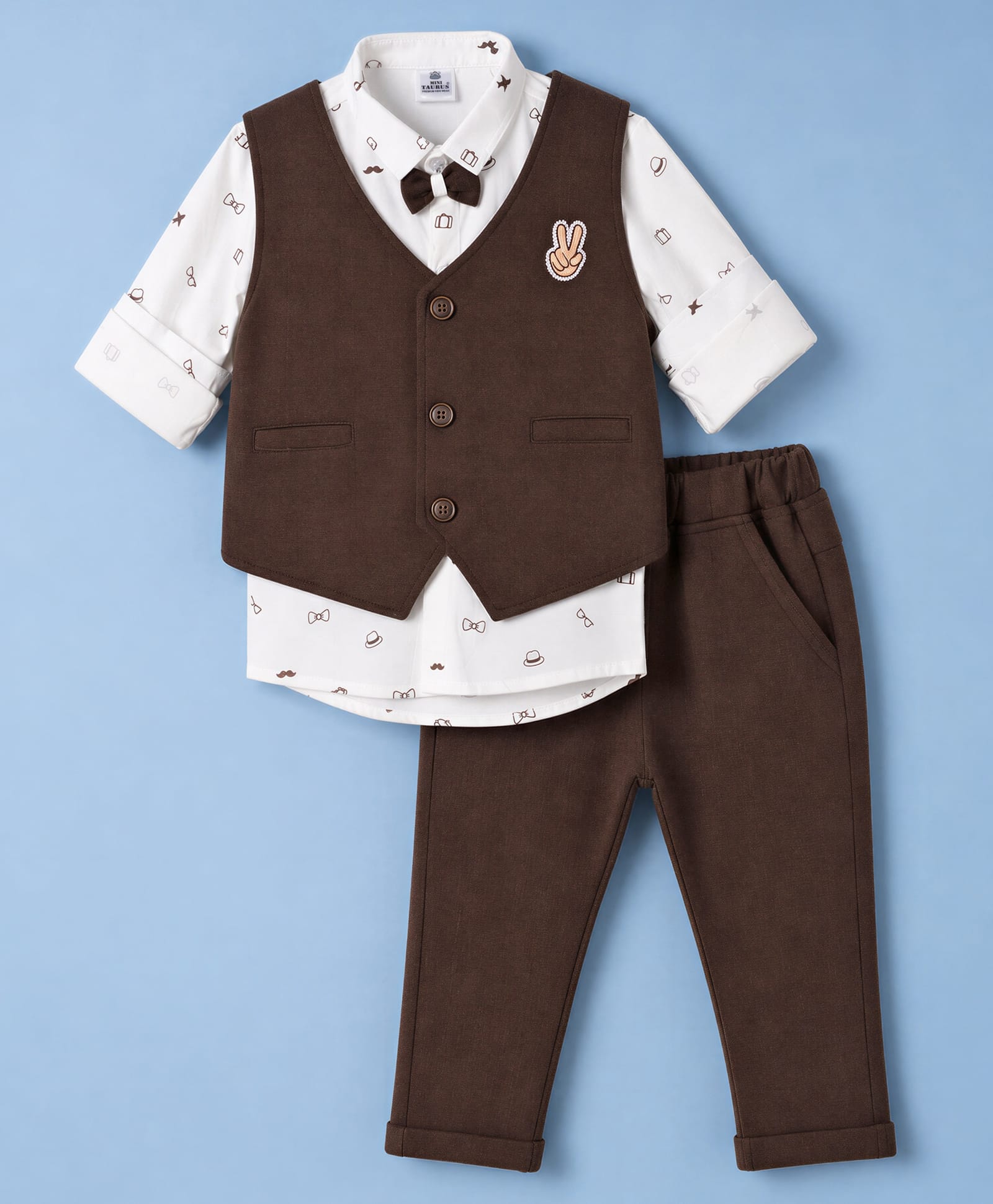 Mini Taurus Cotton Knit Full Sleeves 3 Piece Party Suit with Attached Bow & Applique -Dark Brown-picture-27