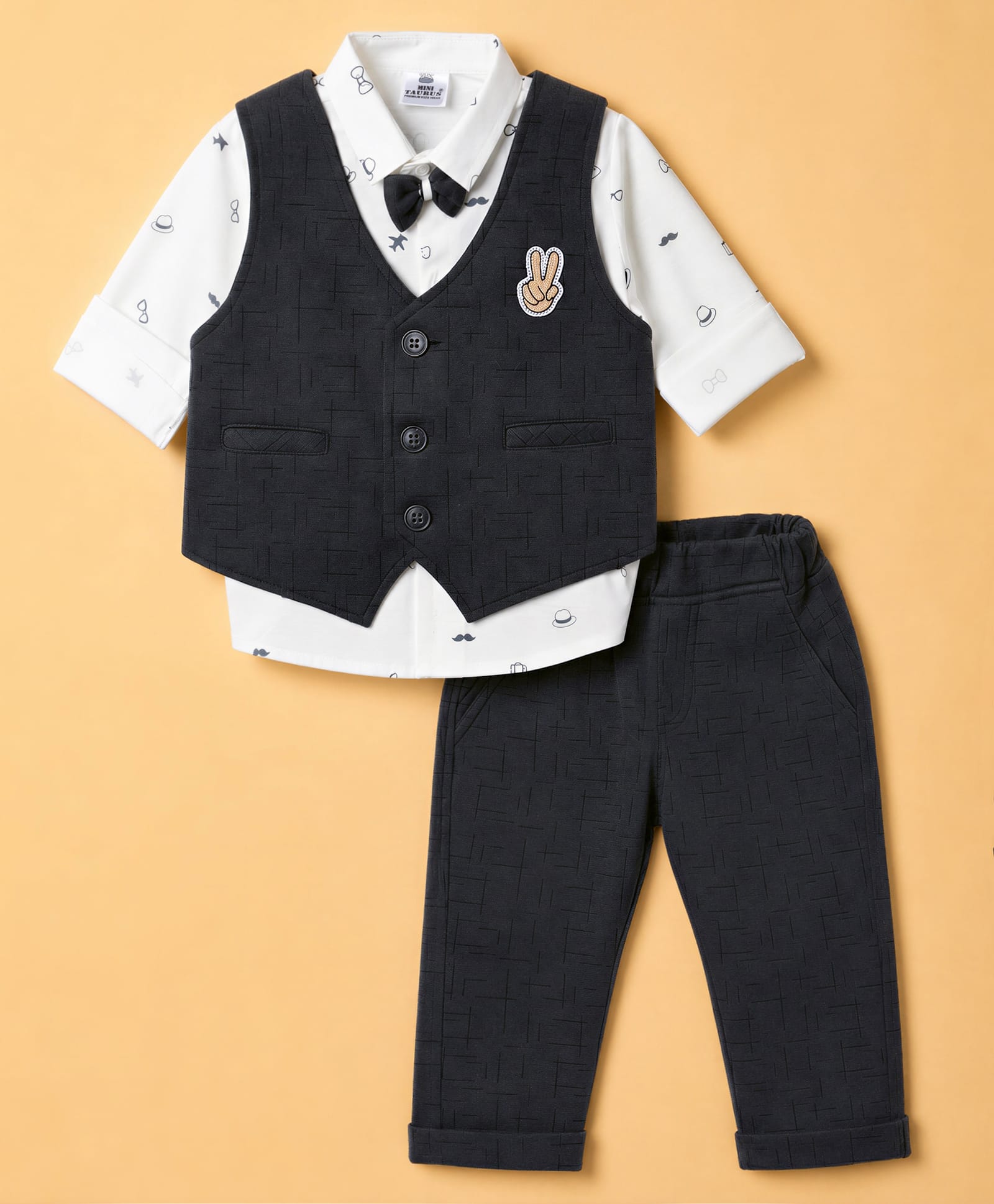 Mini Taurus Cotton Knit Full Sleeves 3 Piece Party Suit with Attached Bow & Applique -Charcoal Blue-picture-32